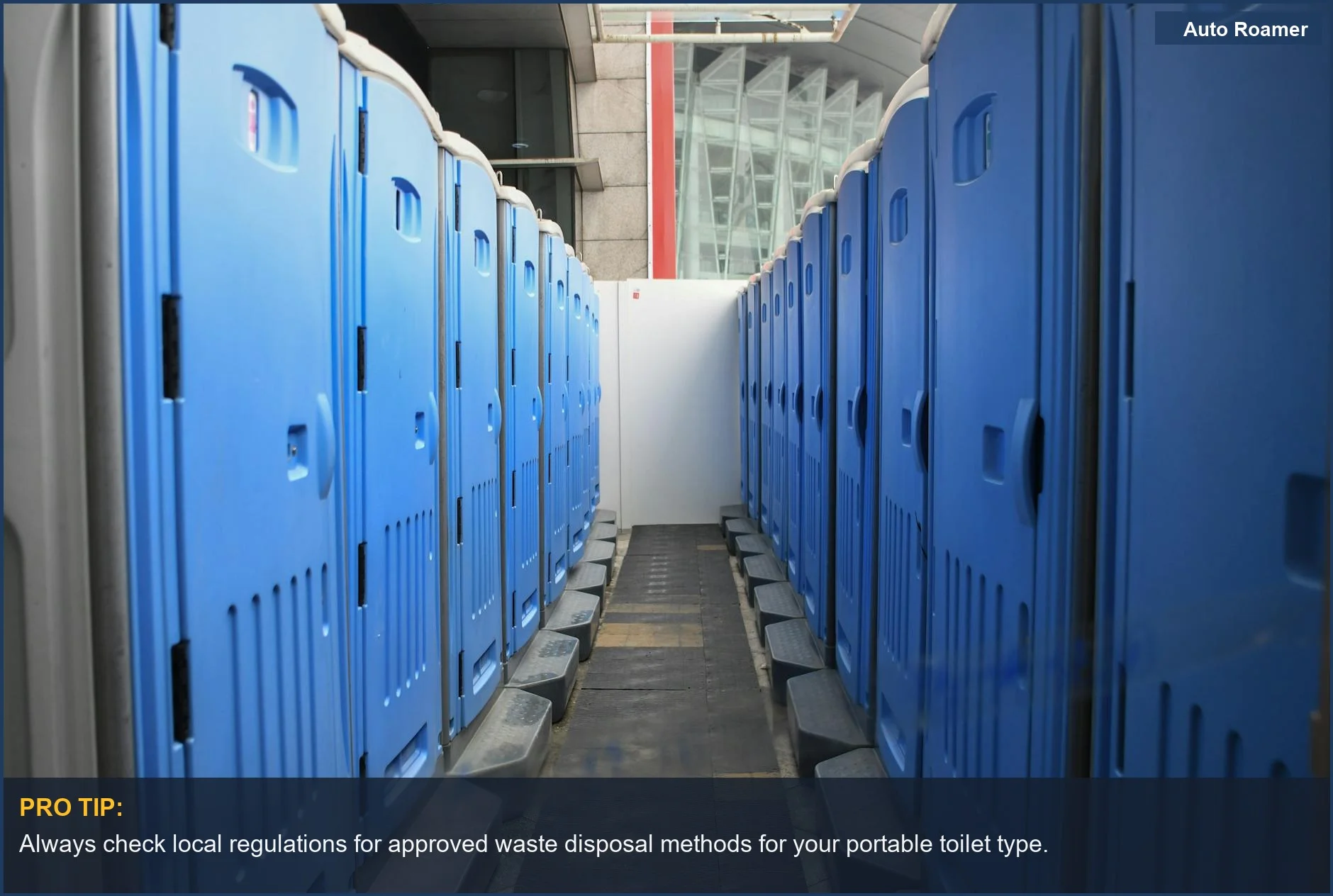 Several blue portable toilets arranged at a construction site, highlighting practical car camping bathroom alternatives.