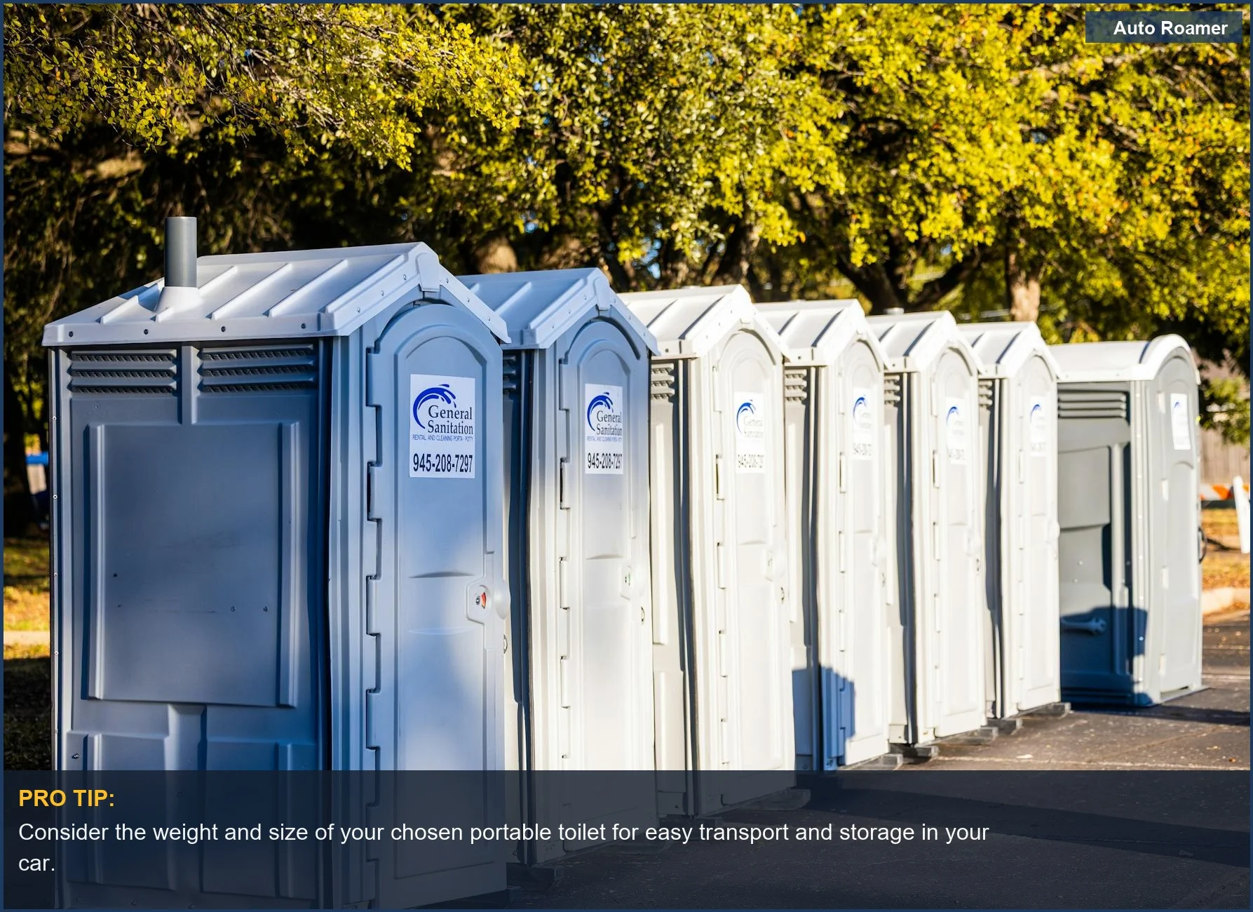 Various camping toilet types lined up outdoors under trees, showcasing portable toilet options for your next trip.