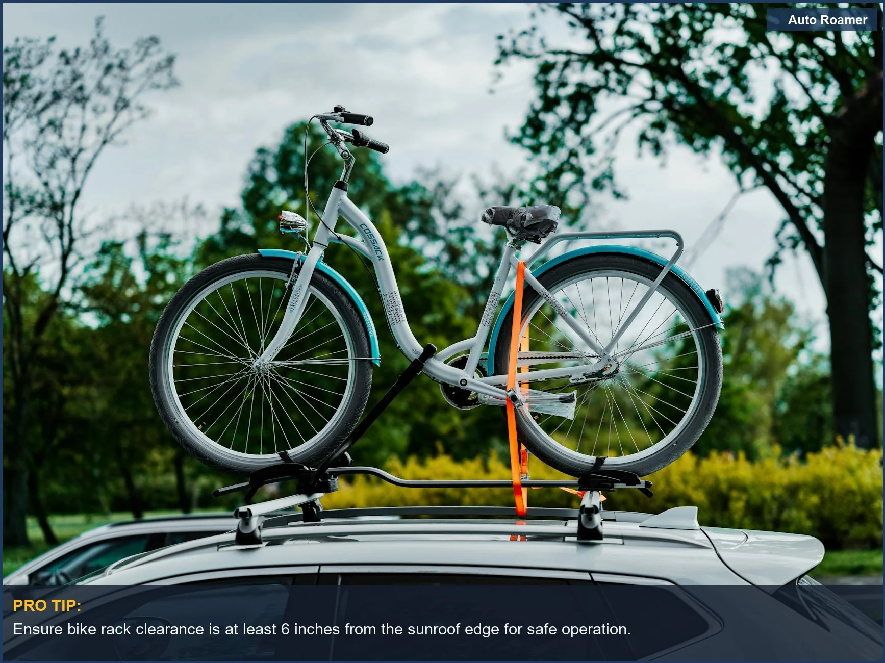 Bicycle mounted on a car roof rack, showcasing versatile car rack options for outdoor enthusiasts.