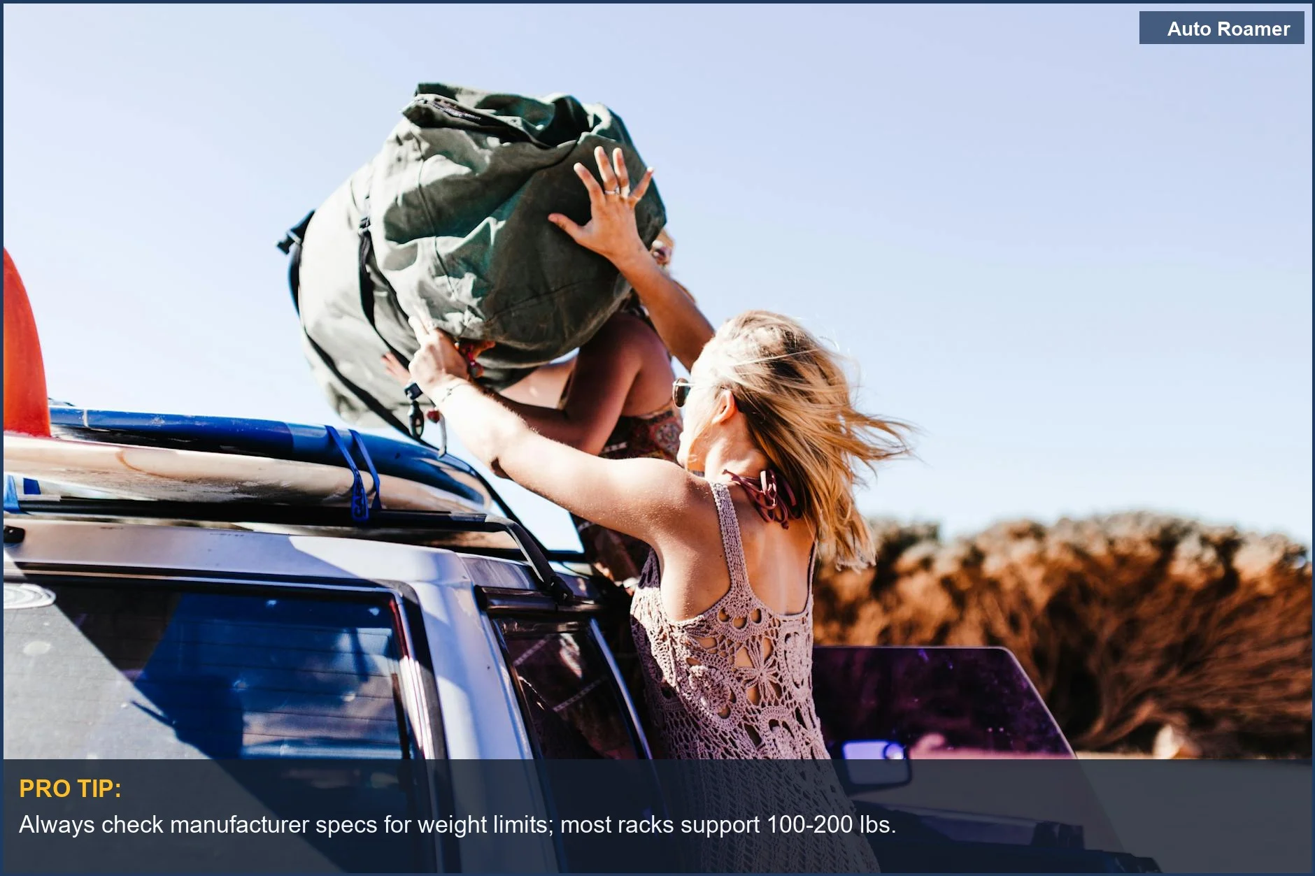 Woman loading travel bag onto car roof rack, confirming sunroof compatibility for car rack options.