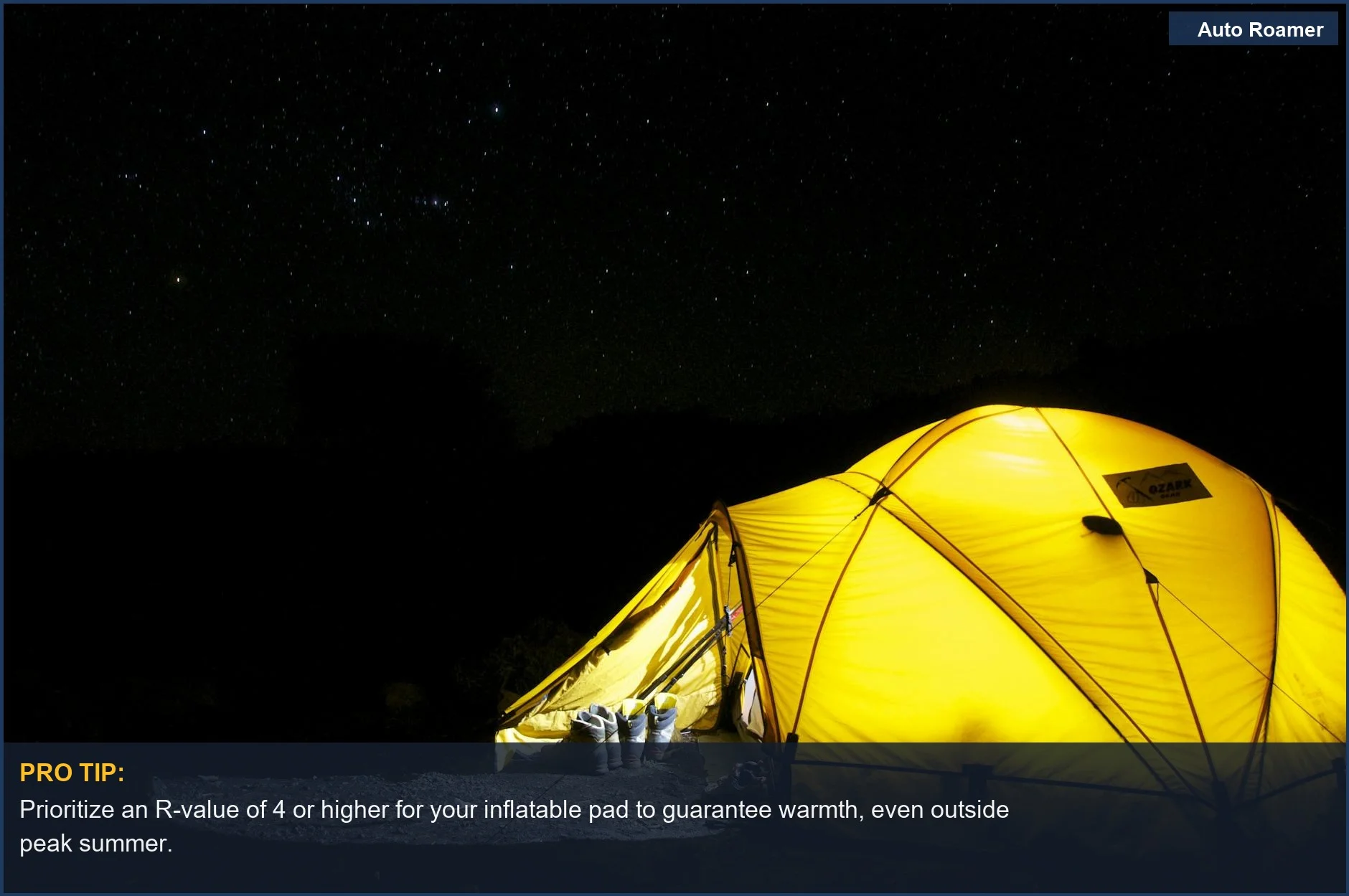 Glowing yellow tent pitched under a vast, star-filled night sky, perfect for discussing inflatable vs foam sleeping pads.