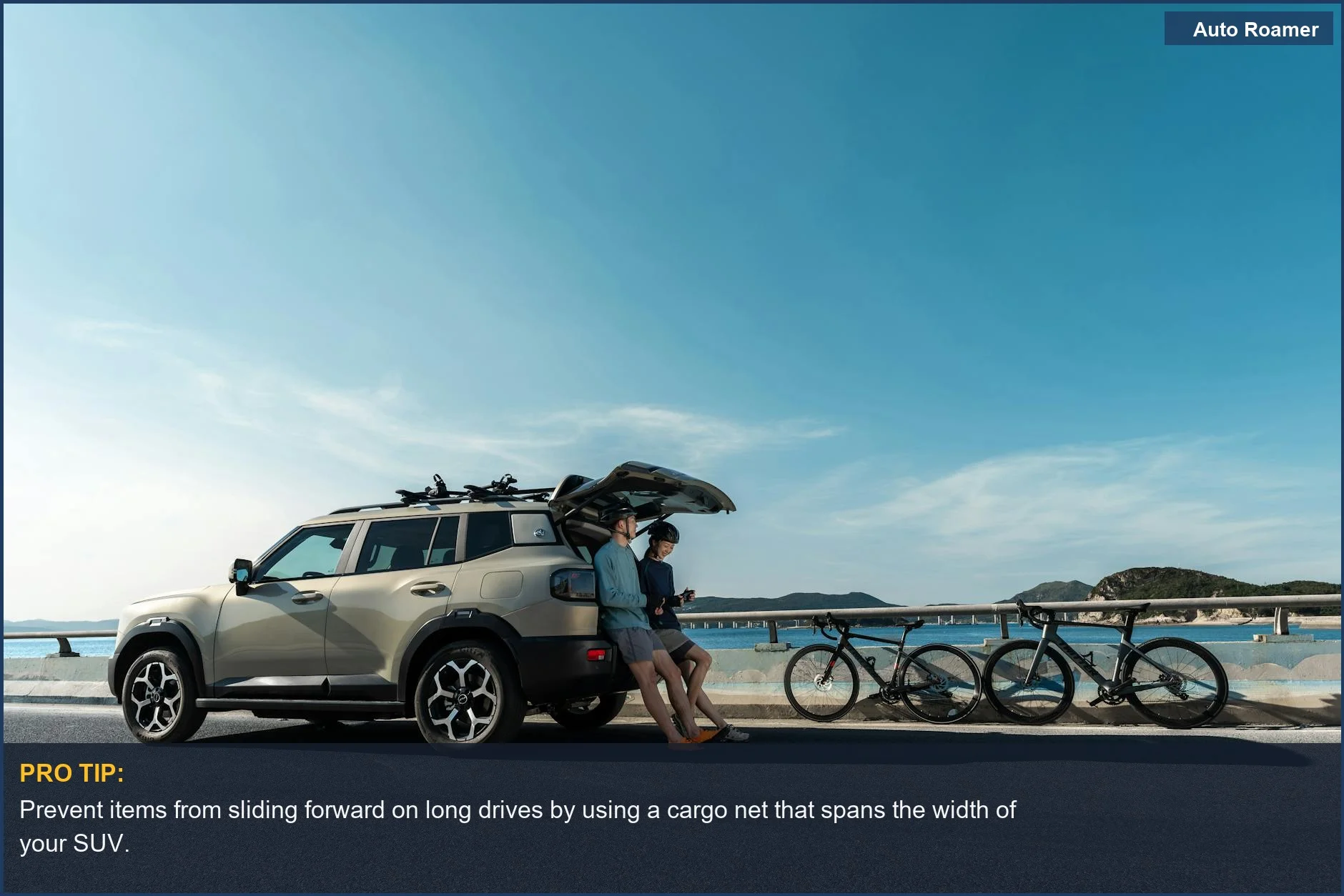 SUV parked on a scenic coastal road, highlighting the need for secure cargo solutions for adventures.