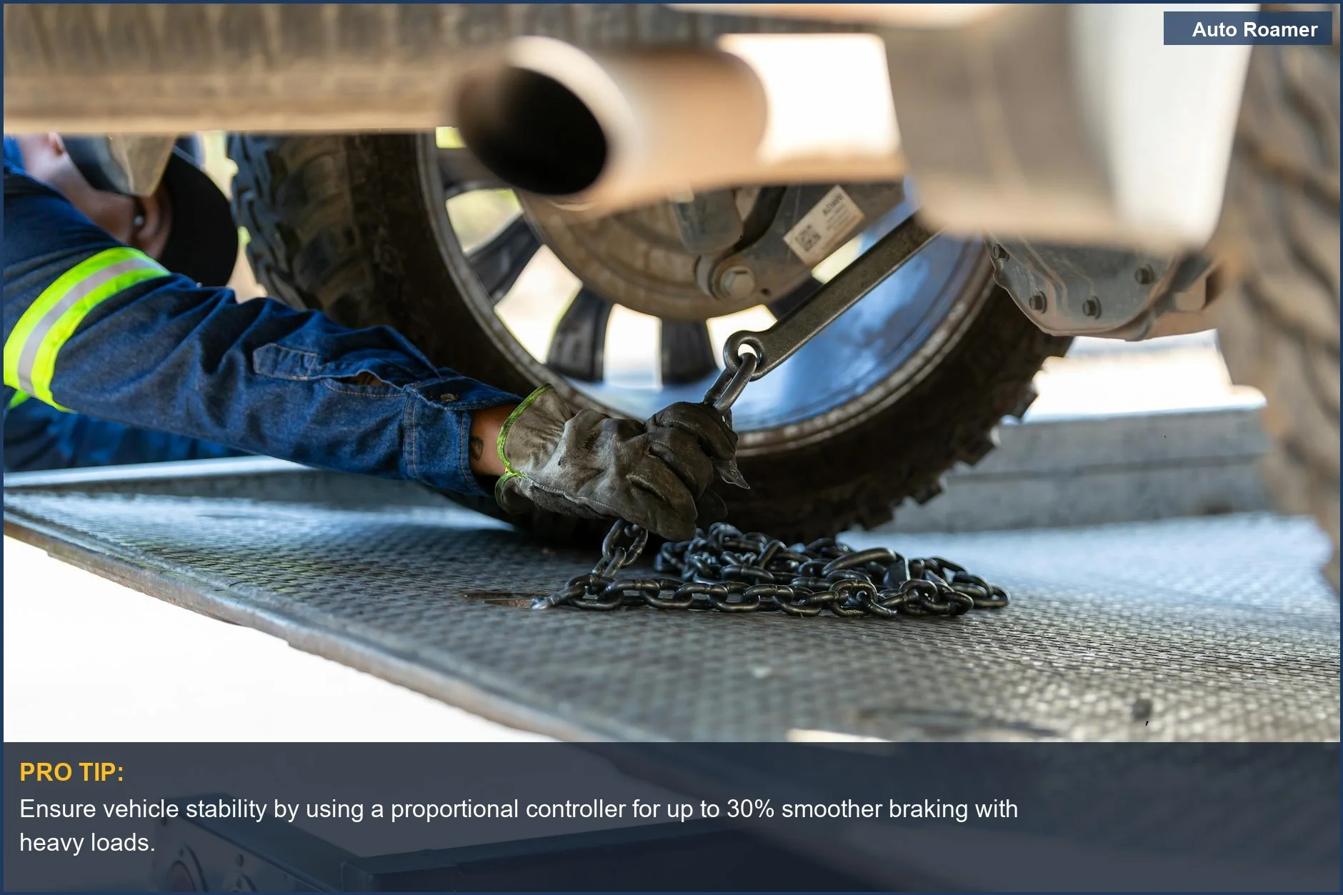 Mechanic securing a vehicle on a platform, highlighting proportional brake controller technology for safety.