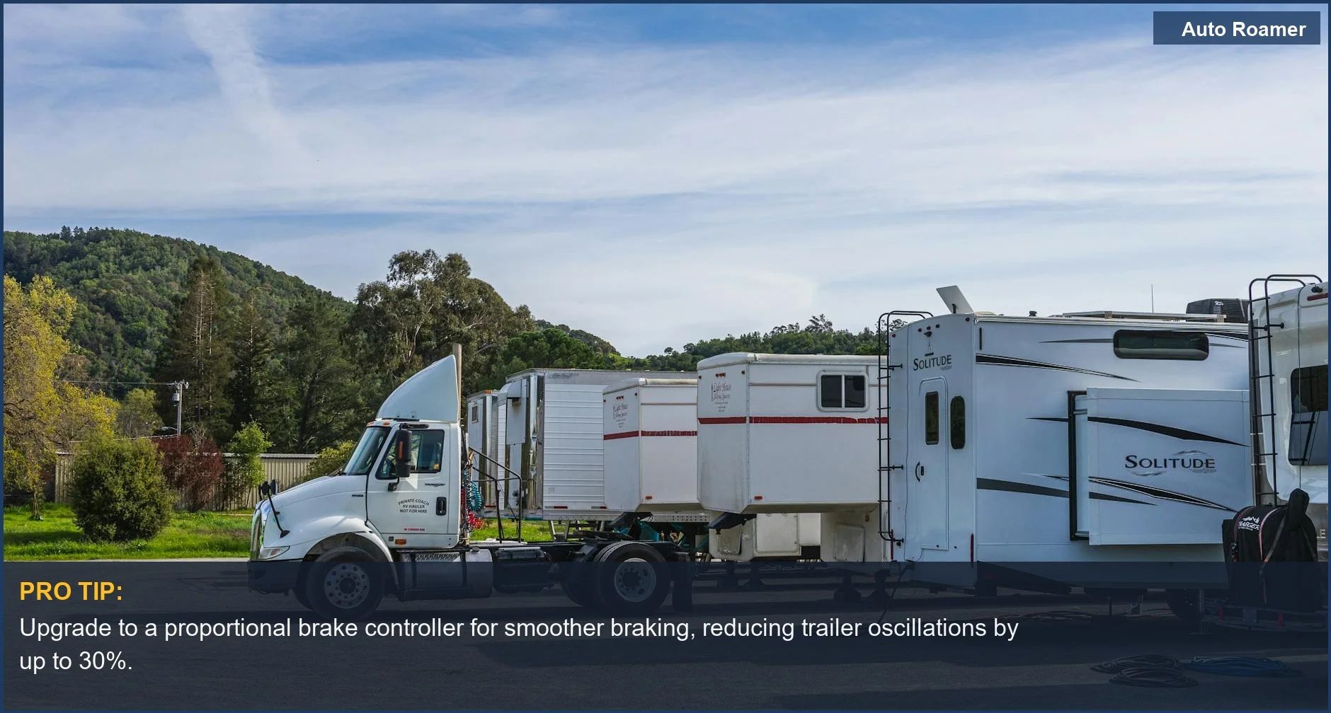 Trucks and RVs with trailers parked against a scenic mountain backdrop, showcasing the need for a proportional brake controller for smooth towing.