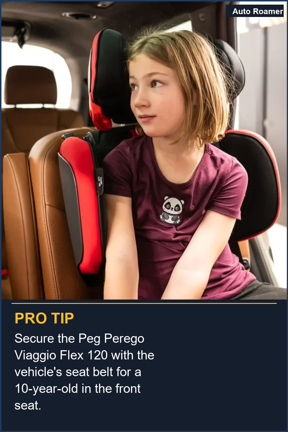 Asegura el Peg Perego Viaggio Flex 120 con el cinturón de seguridad del vehículo para un niño de 10 años en el asiento delantero.