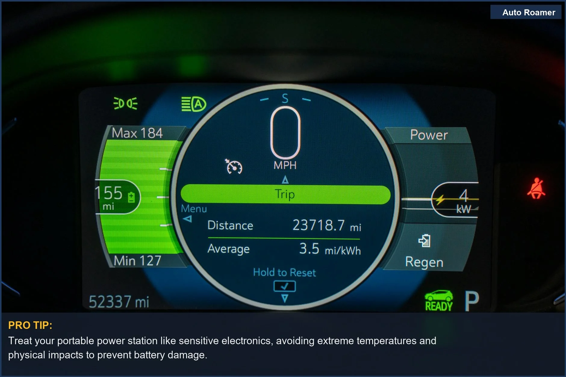 Electric vehicle dashboard displaying battery range and power, symbolizing the need to understand power station metrics.