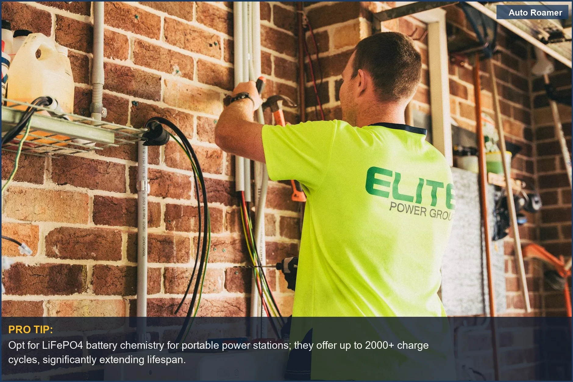 Electrician performing solar battery installation, highlighting advanced battery technologies impacting portable power station lifespan.