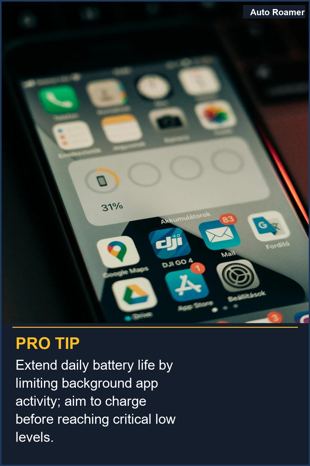 Extend daily battery life by limiting background app activity; aim to charge before reaching critical low levels.