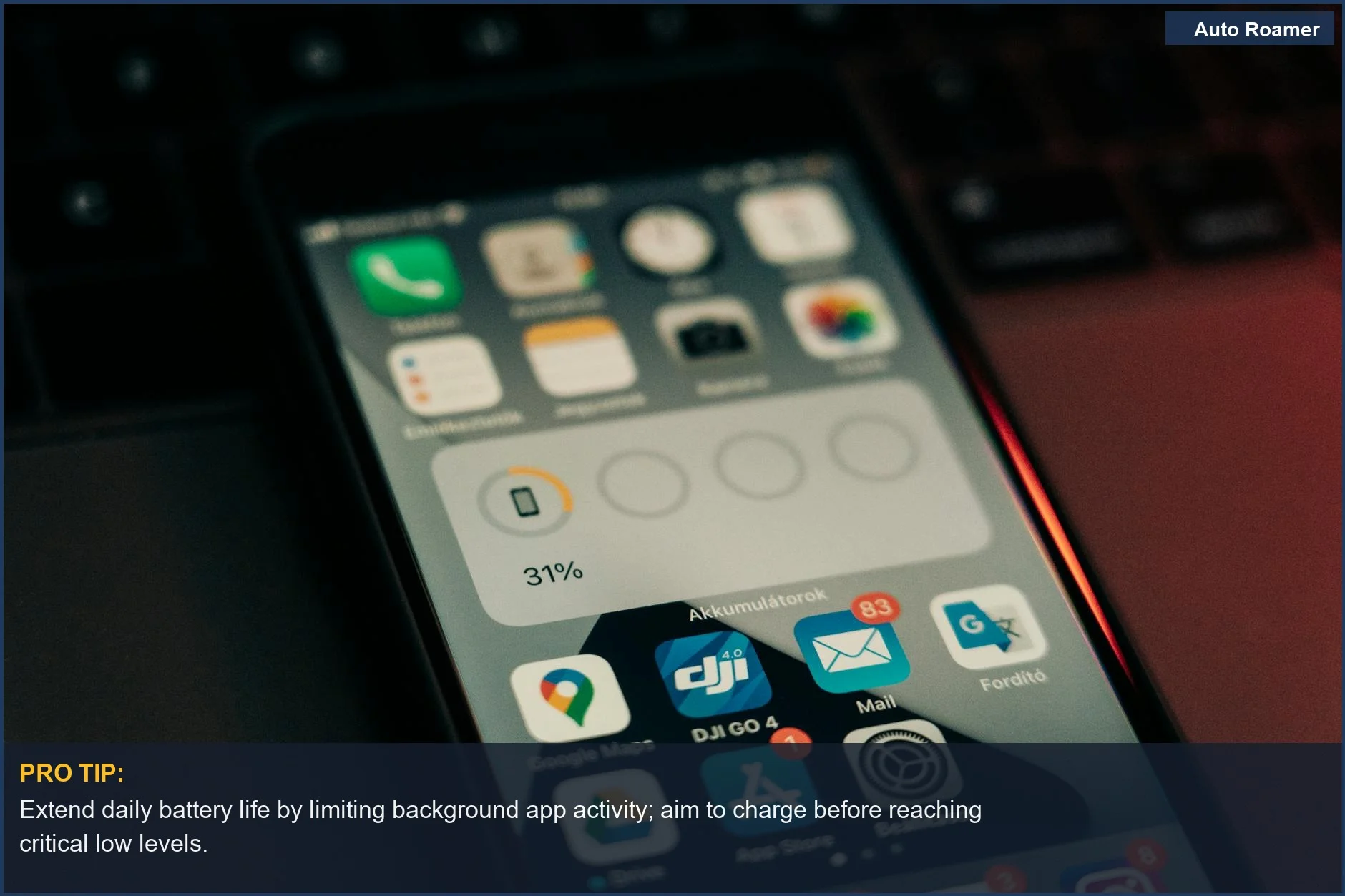 Smartphone with apps and 31% battery level, representing everyday device battery management.