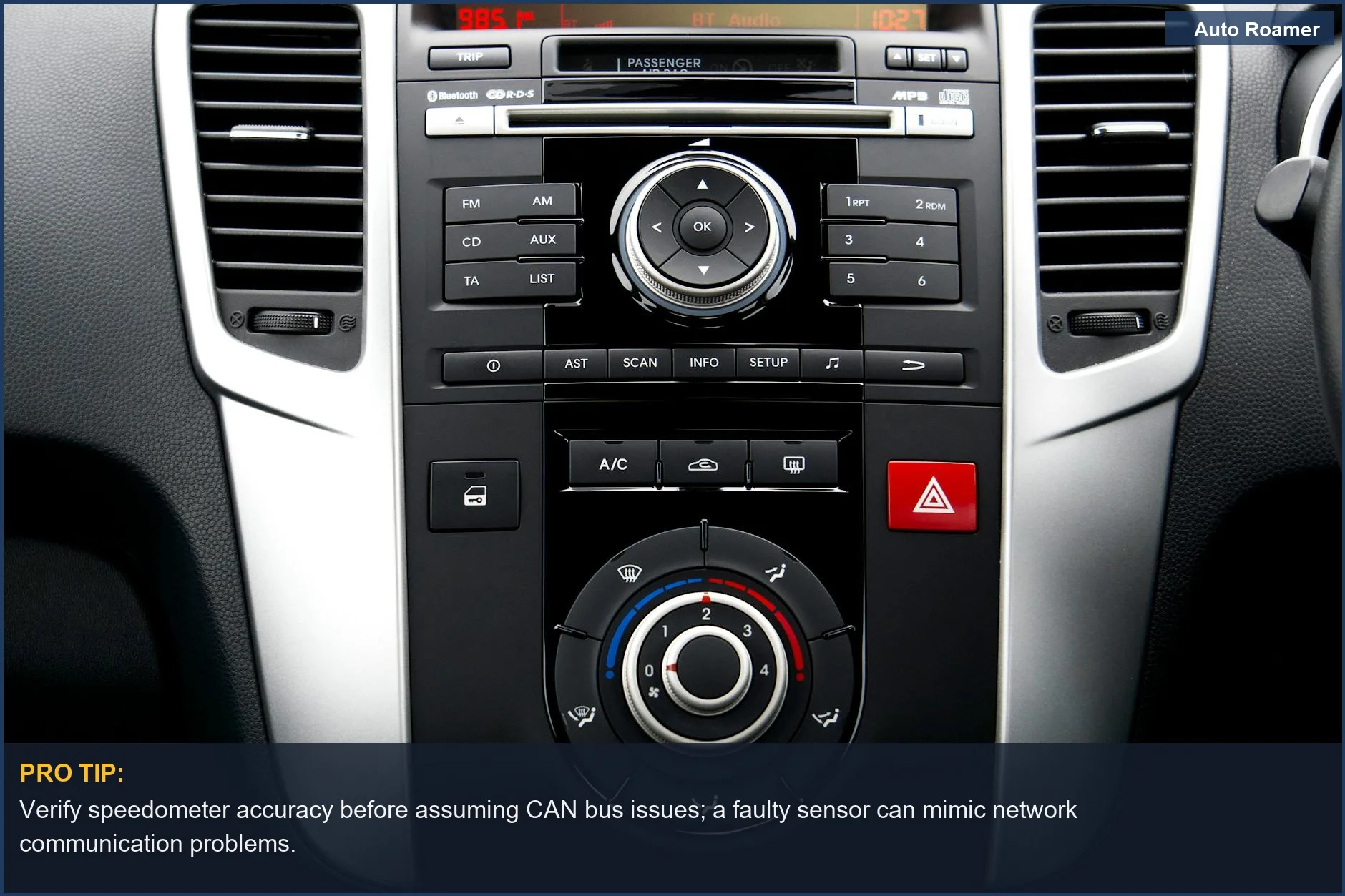 Close-up of a car's digital speedometer and dashboard display, crucial for CAN bus system diagnostics.