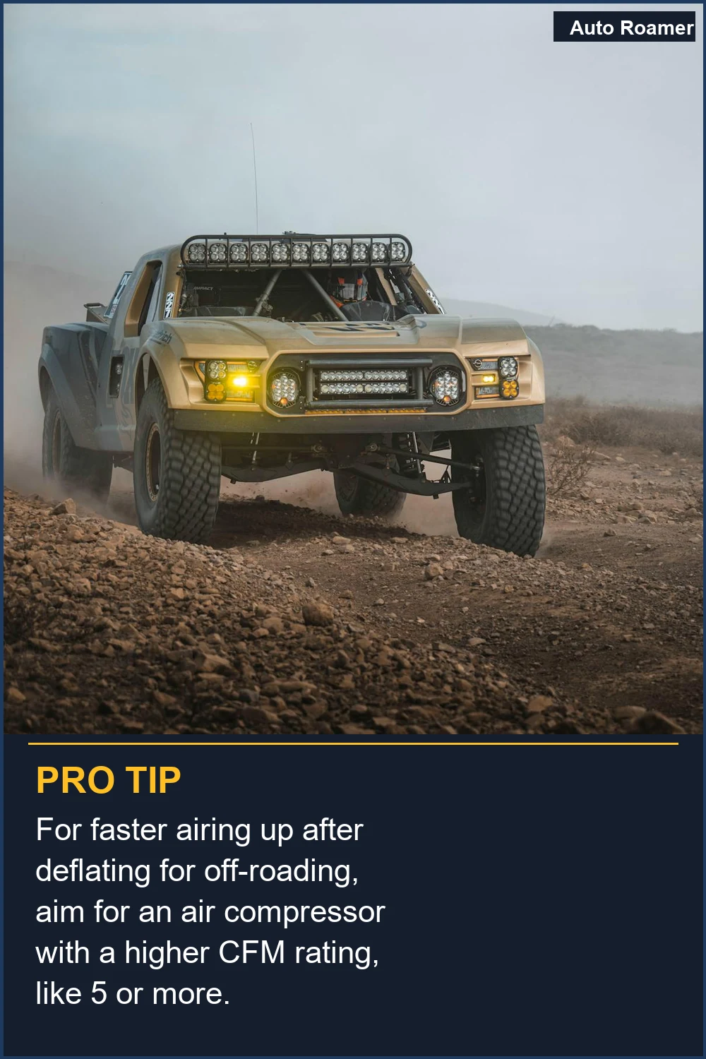 For faster airing up after deflating for off-roading, aim for an air compressor with a higher CFM rating, like 5 or more.