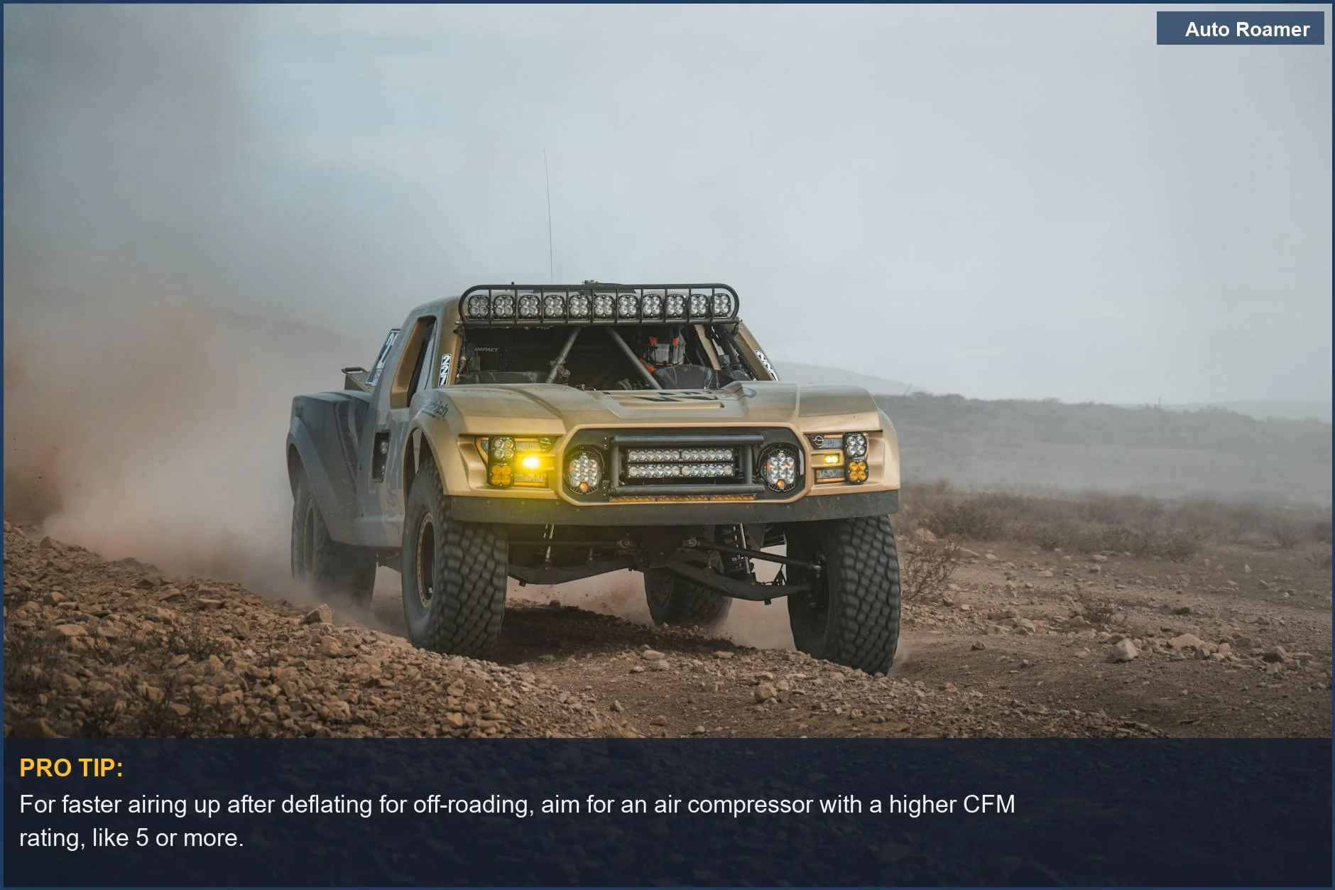 Powerful off-road truck races through Baja desert, kicking up dust, illustrating the demands of off-roading on vehicle equipment.