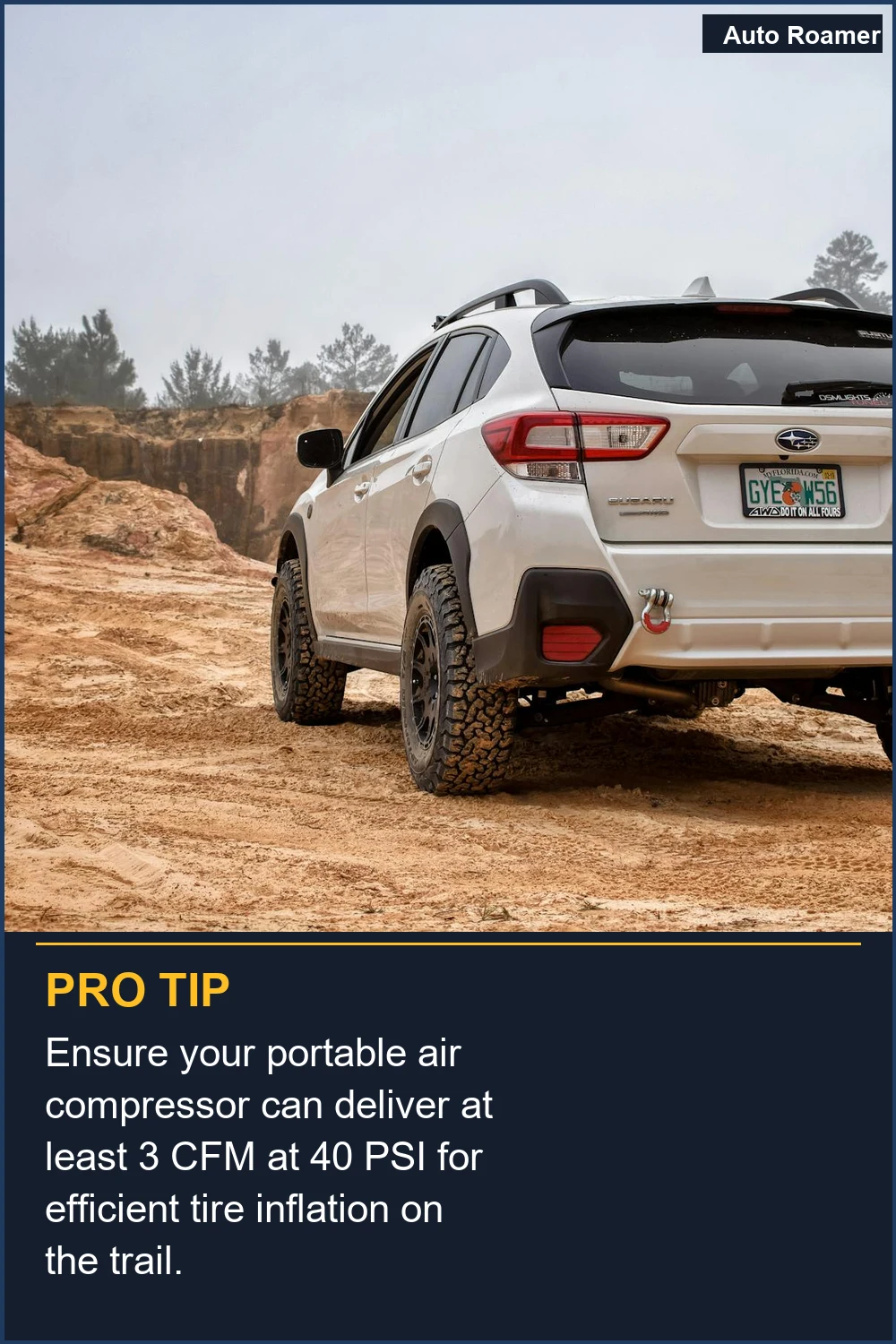 Ensure your portable air compressor can deliver at least 3 CFM at 40 PSI for efficient tire inflation on the trail.