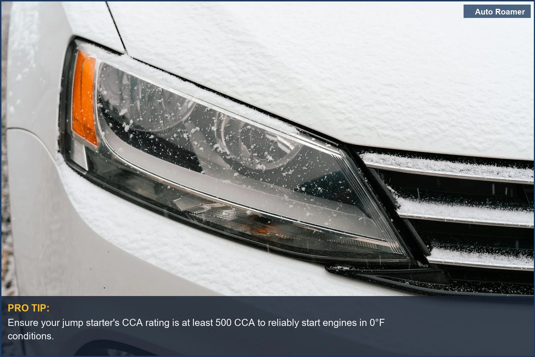 Winter car headlight covered in snow, illustrating the need for high cold cranking amps for jump starters.
