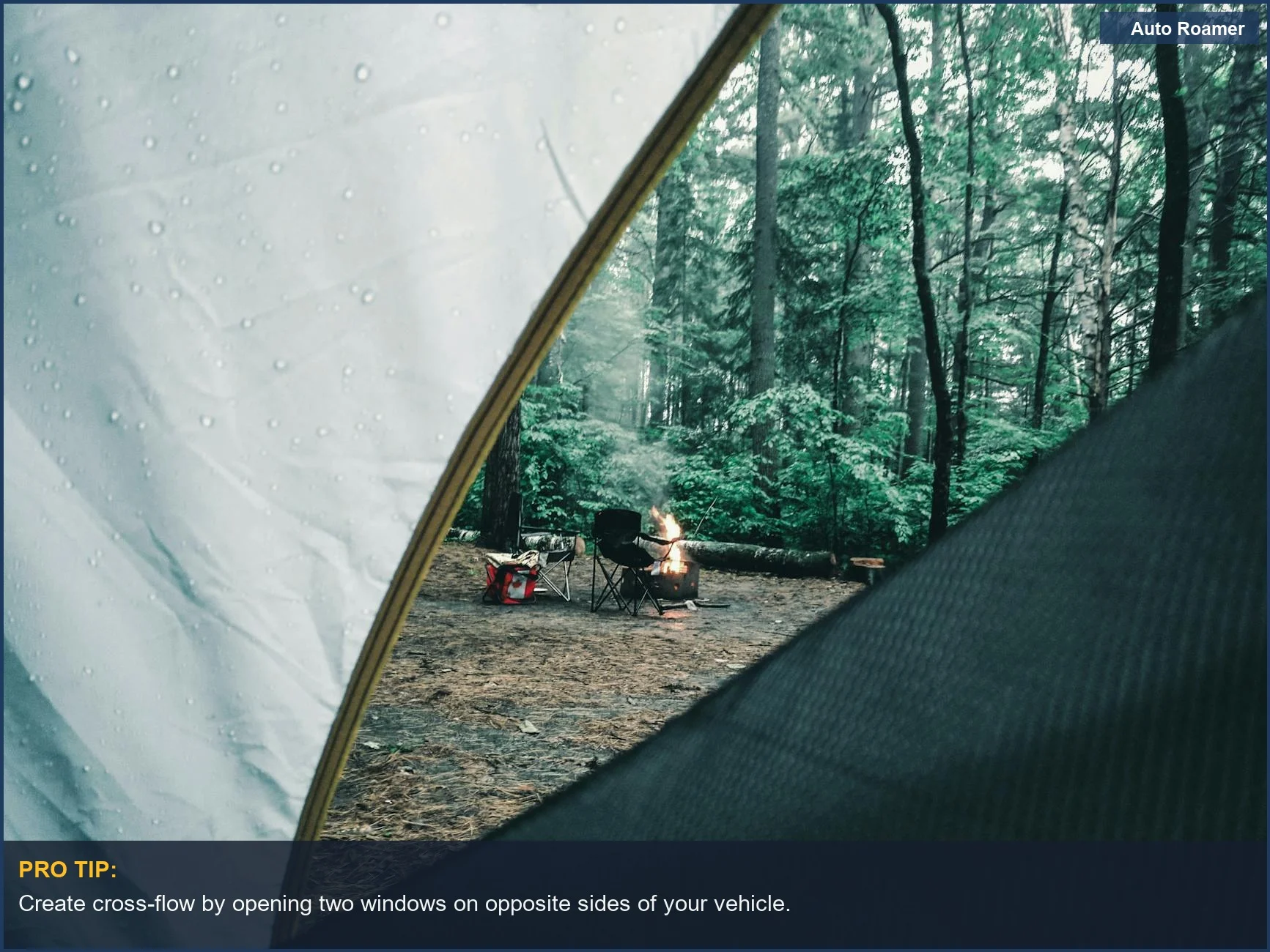 Campsite view through tent flap with bonfire, illustrating ventilation strategies.