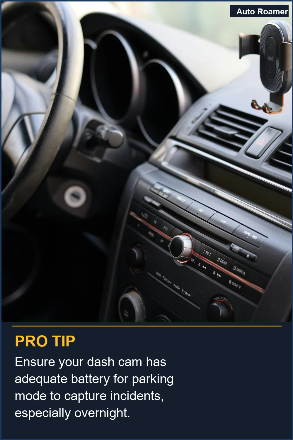 Asegúrate de que tu dashcam tenga suficiente batería para el modo de estacionamiento para capturar incidentes, especialmente durante la noche.