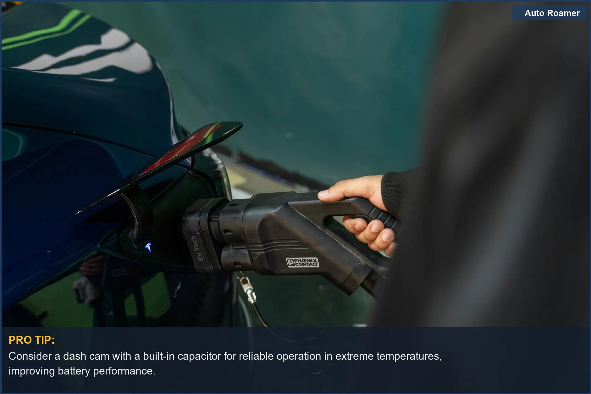 Electric vehicle charging at a station, illustrating power sources relevant to dash cam battery longevity.