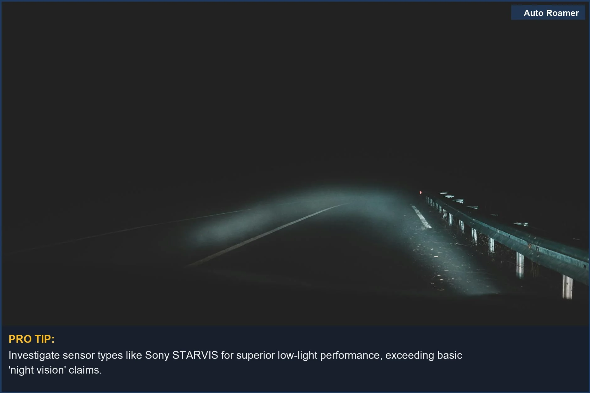 Eerie foggy night road with guardrail, illustrating the importance of understanding dash cam night vision explained beyond marketing.