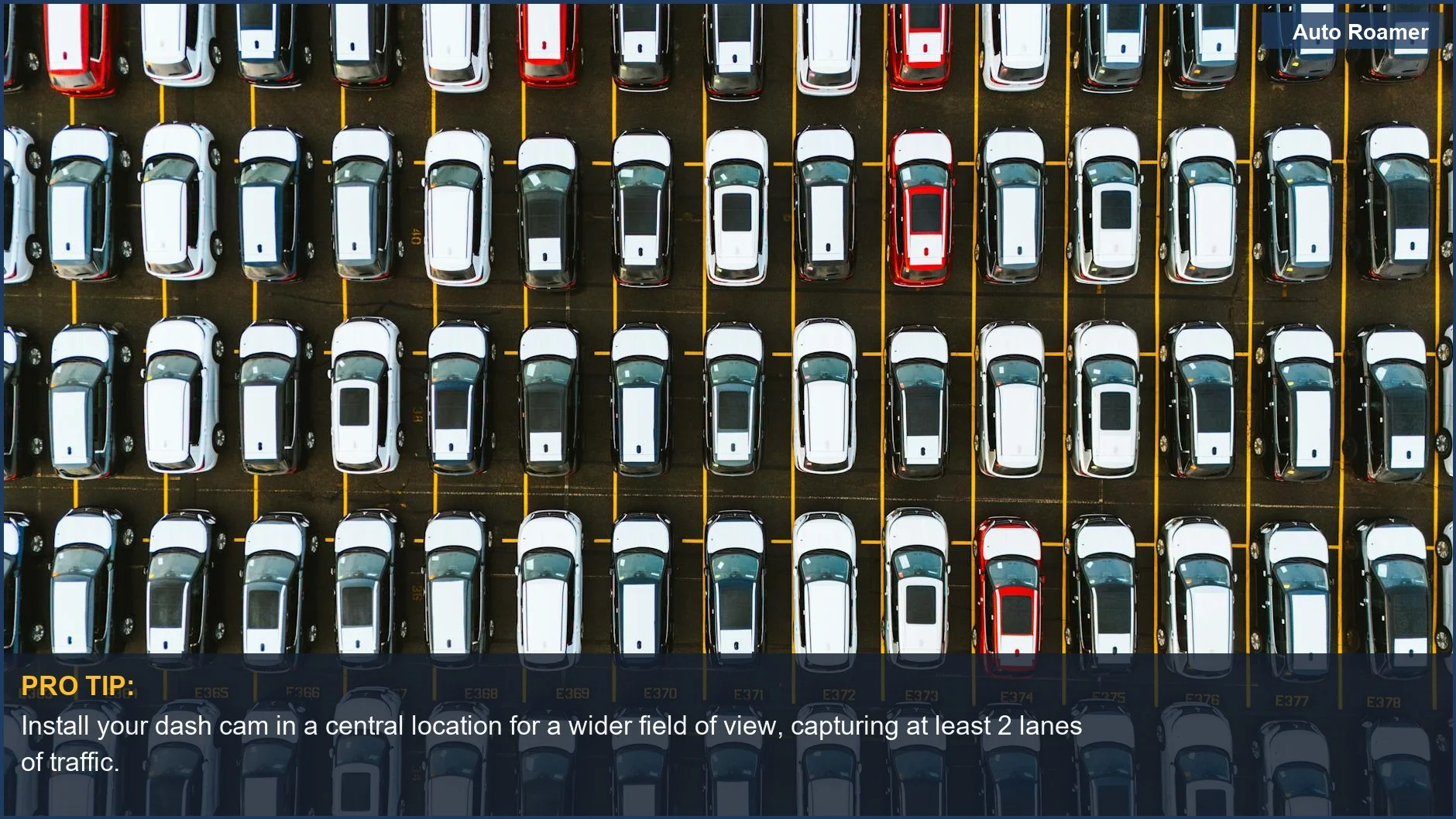 Symmetrical aerial shot of parked cars in a lot, demonstrating dash cam parking mode benefits.