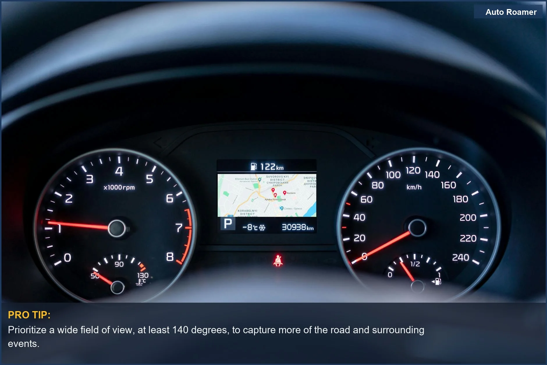 Close-up of a 2026 Ford Explorer dashboard displaying GPS and gauges, focusing on essential dashcam features for your vehicle.