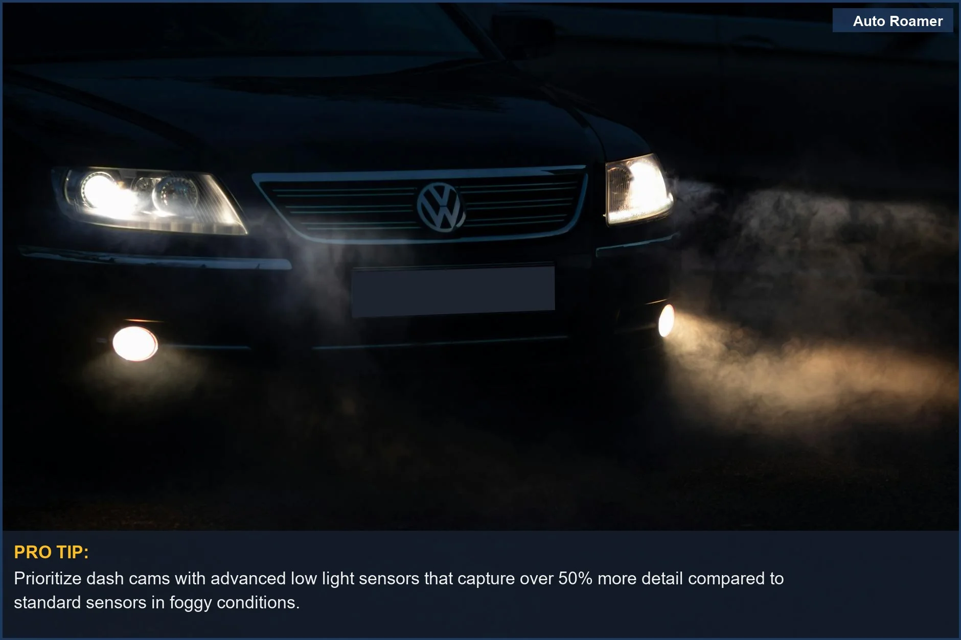 Car headlights pierce through thick night fog, demonstrating the need for effective dashcam night vision in challenging weather.
