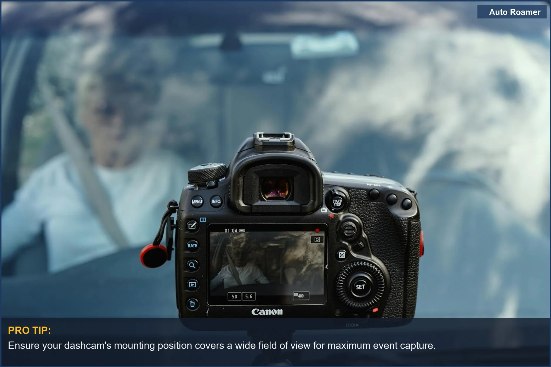 Tesla Model 3 dashcam rig capturing footage for parking security in front of the car.