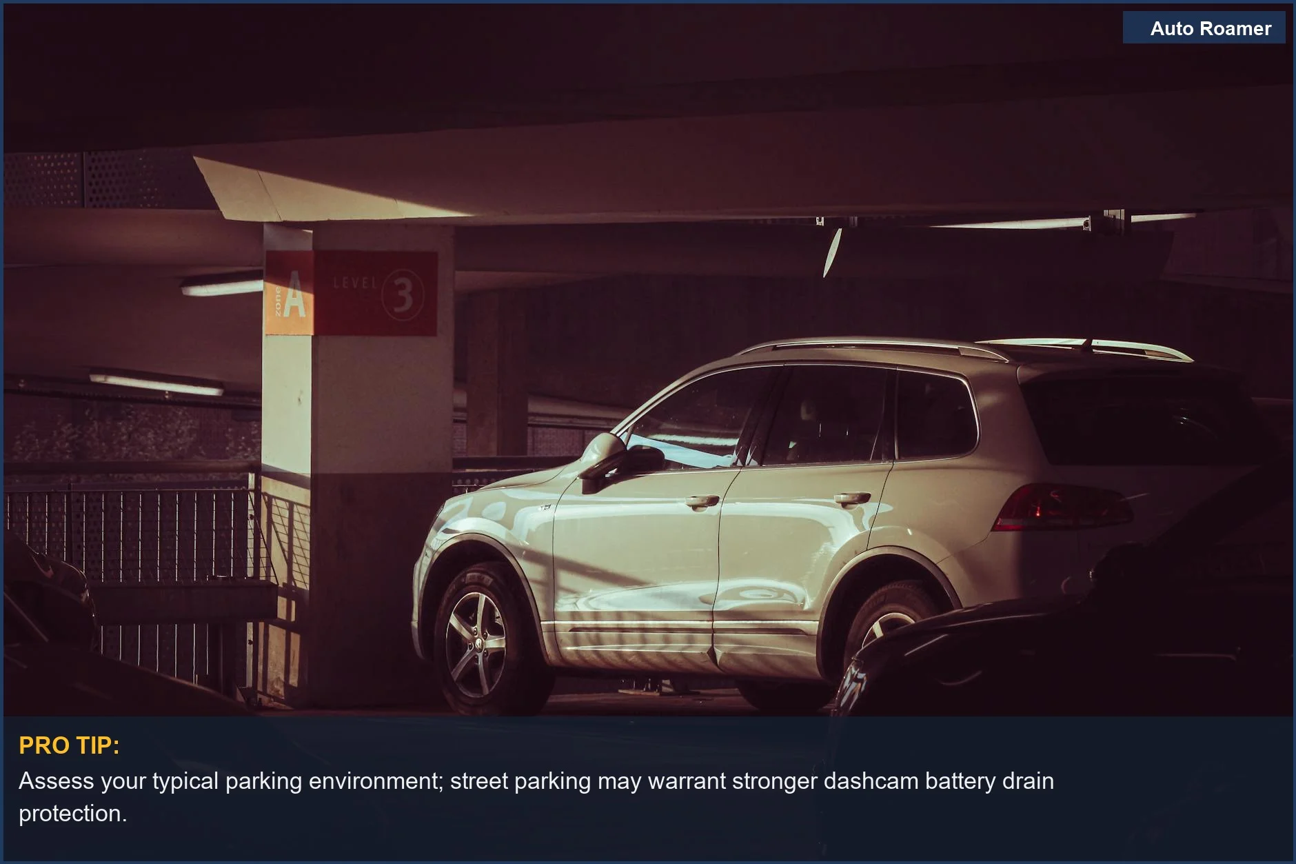 White SUV parked in a dimly lit indoor garage, illustrating a common parking scenario.