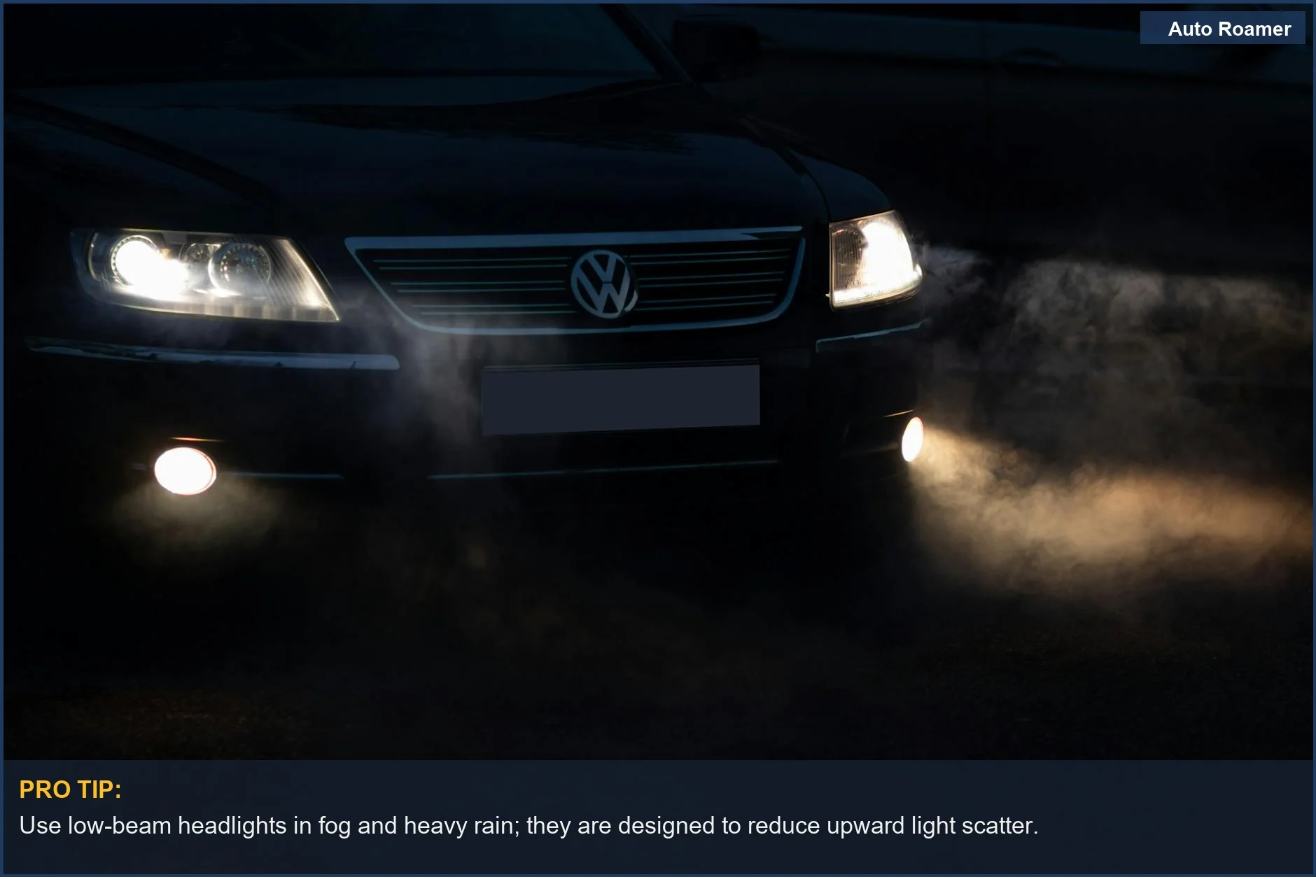 Close-up of car headlights cutting through dense night fog, creating a visible beam.
