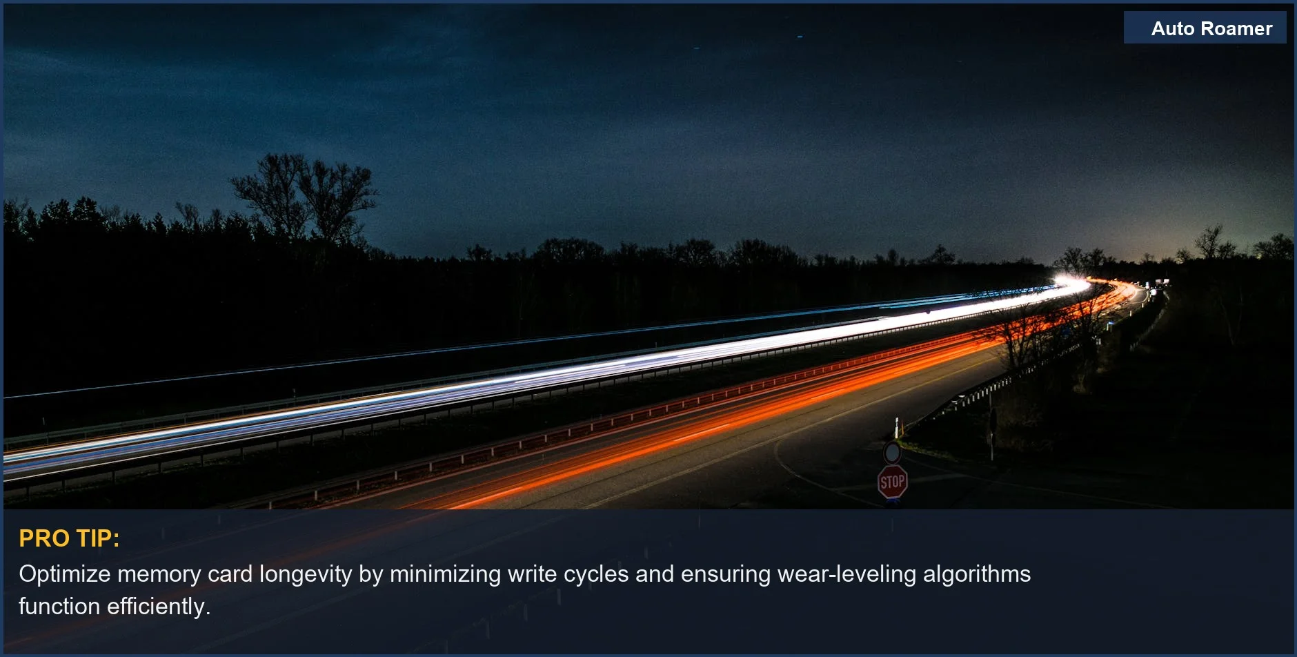 Night highway light trails symbolize efficient memory card write cycles and wear-leveling.