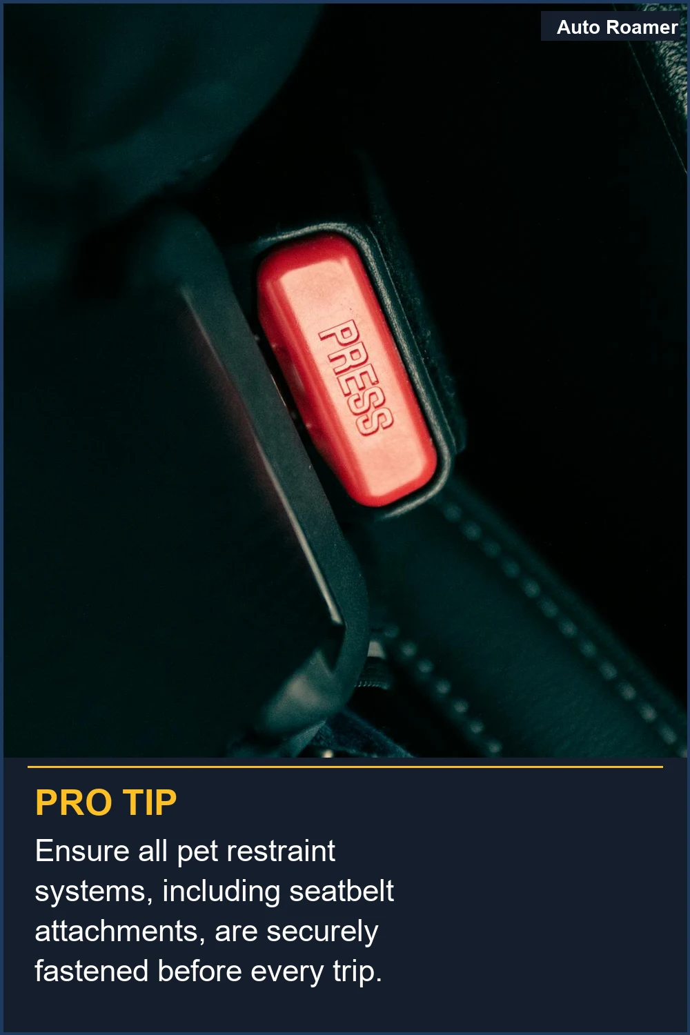 Ensure all pet restraint systems, including seatbelt attachments, are securely fastened before every trip.