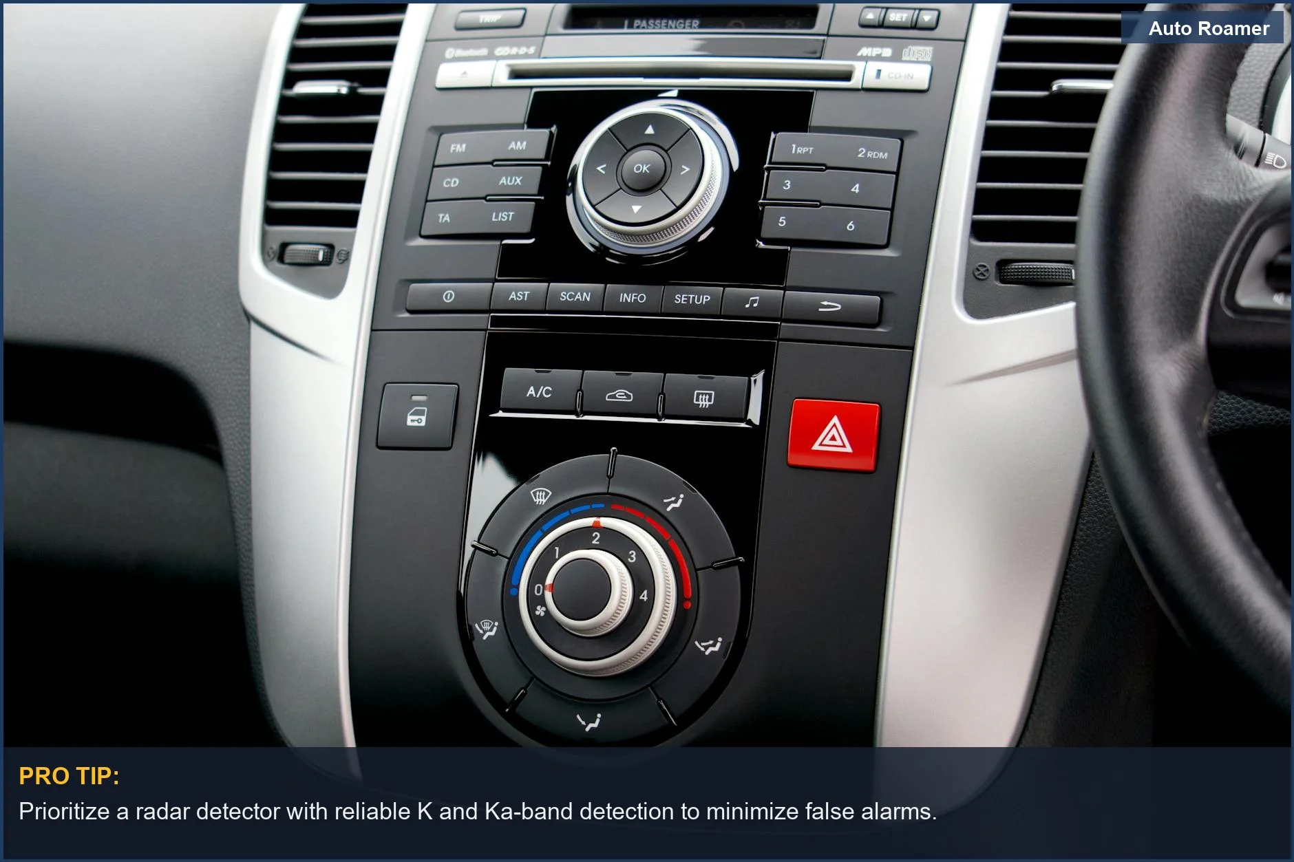 Close-up of car dashboard controls, buttons, and steering wheel, vital for understanding speed camera detection systems.