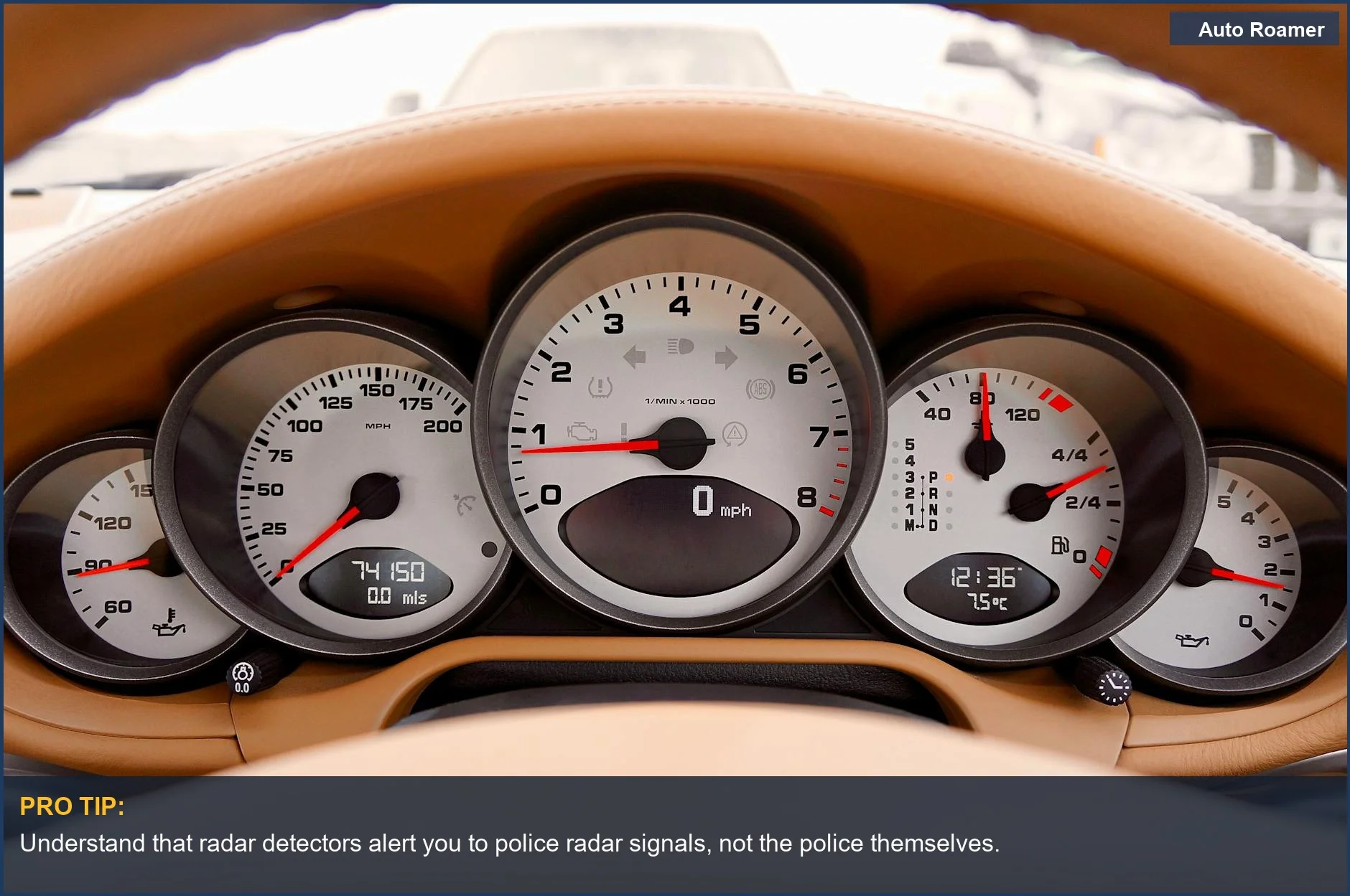 Car dashboard speedometer and gauges showing driving speed, illustrating how radar detectors work for safer driving.