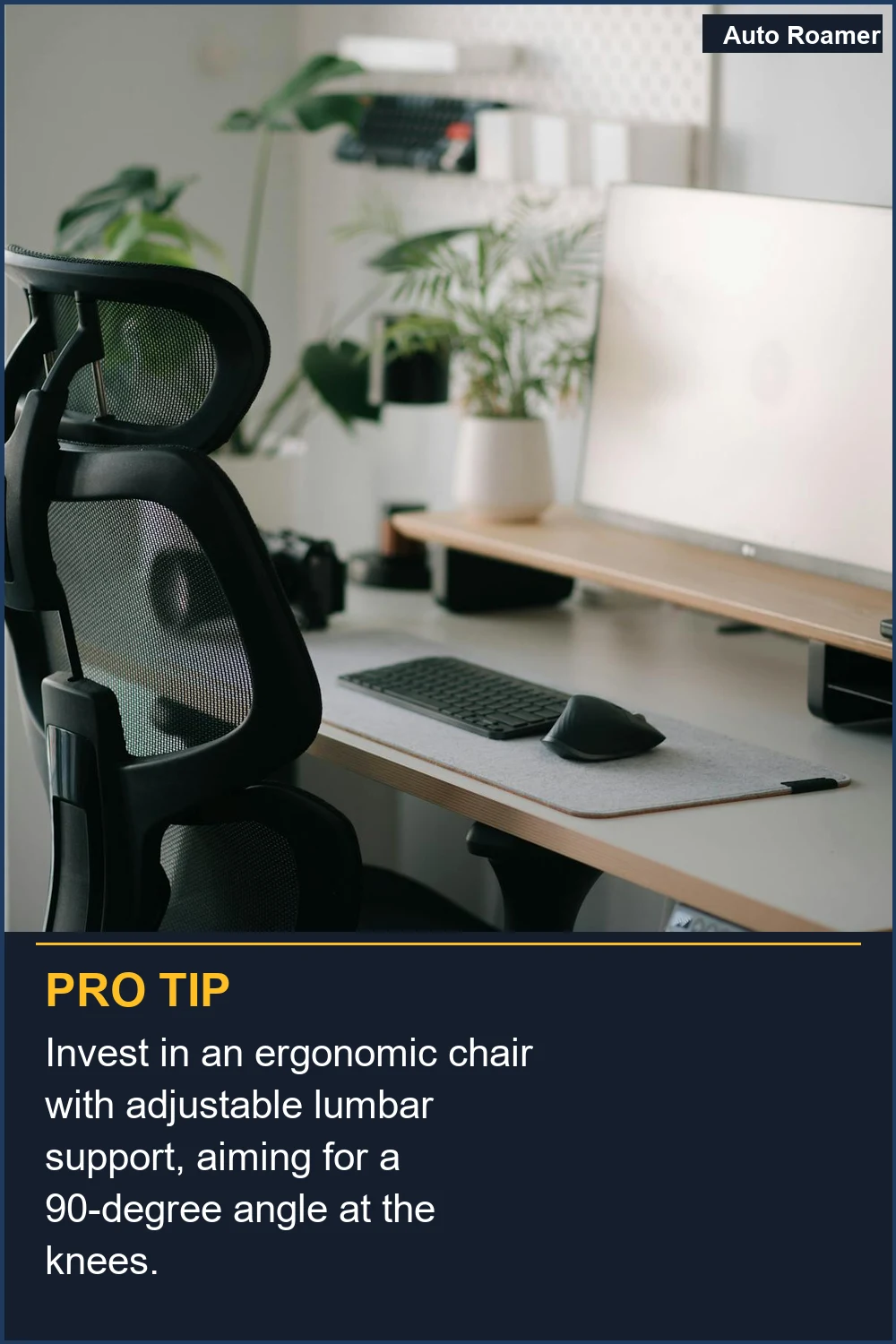 Invierte en una silla ergonómica con soporte lumbar ajustable, apuntando a un ángulo de 90 grados en las rodillas.
