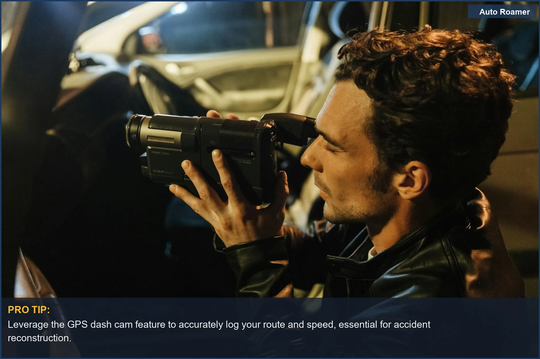 Nighttime car interior recording with a VIOFO dash cam, highlighting GPS tracking capabilities.