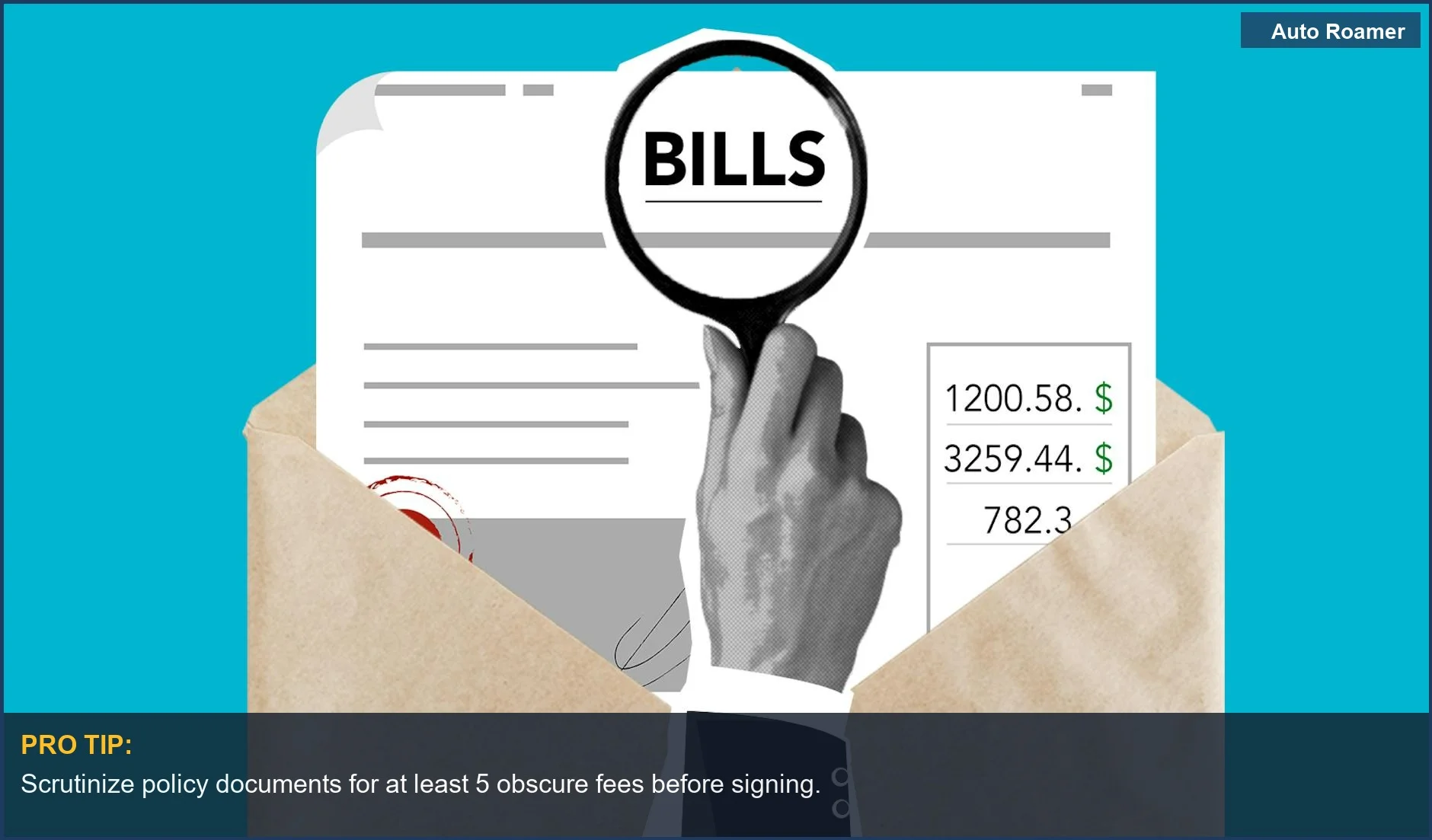 Man with magnifying glass examining car insurance fees, revealing hidden costs and payments.