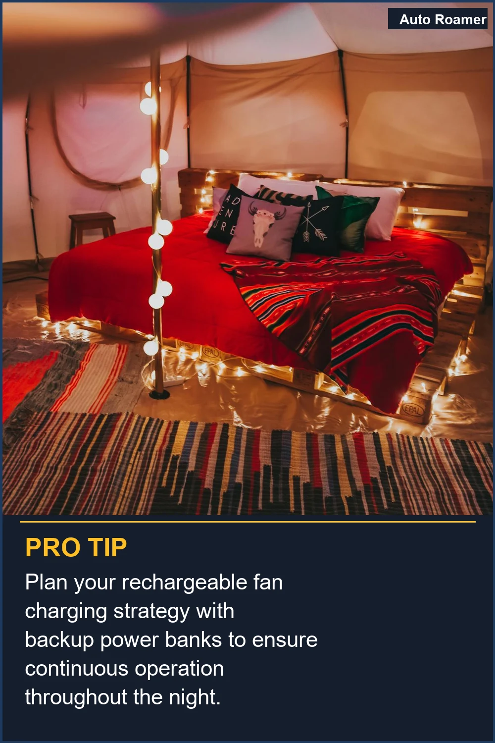 Plan your rechargeable fan charging strategy with backup power banks to ensure continuous operation throughout the night.