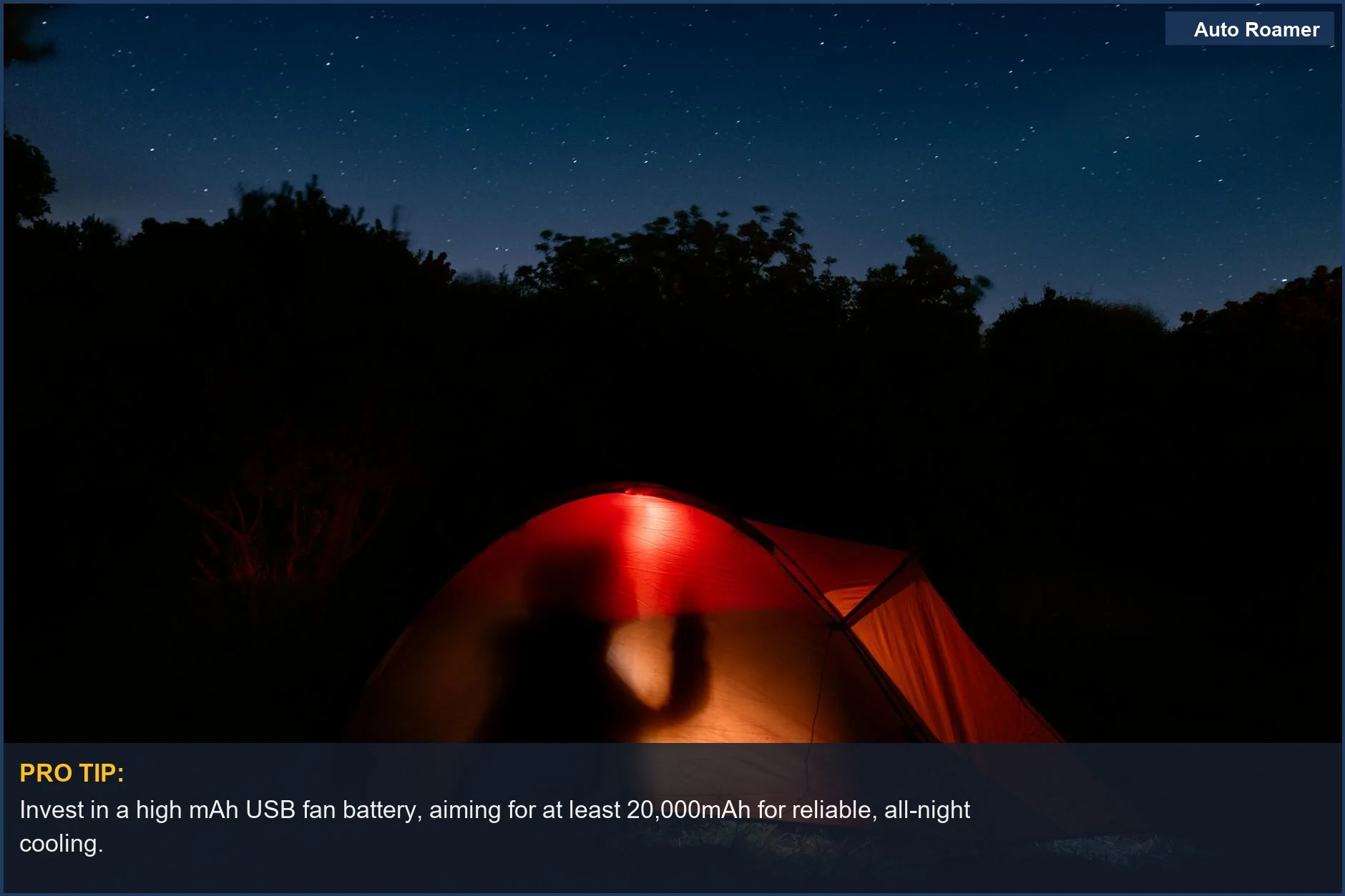 Silhouette of a tent under a starry sky, illuminated by soft light and a fan.