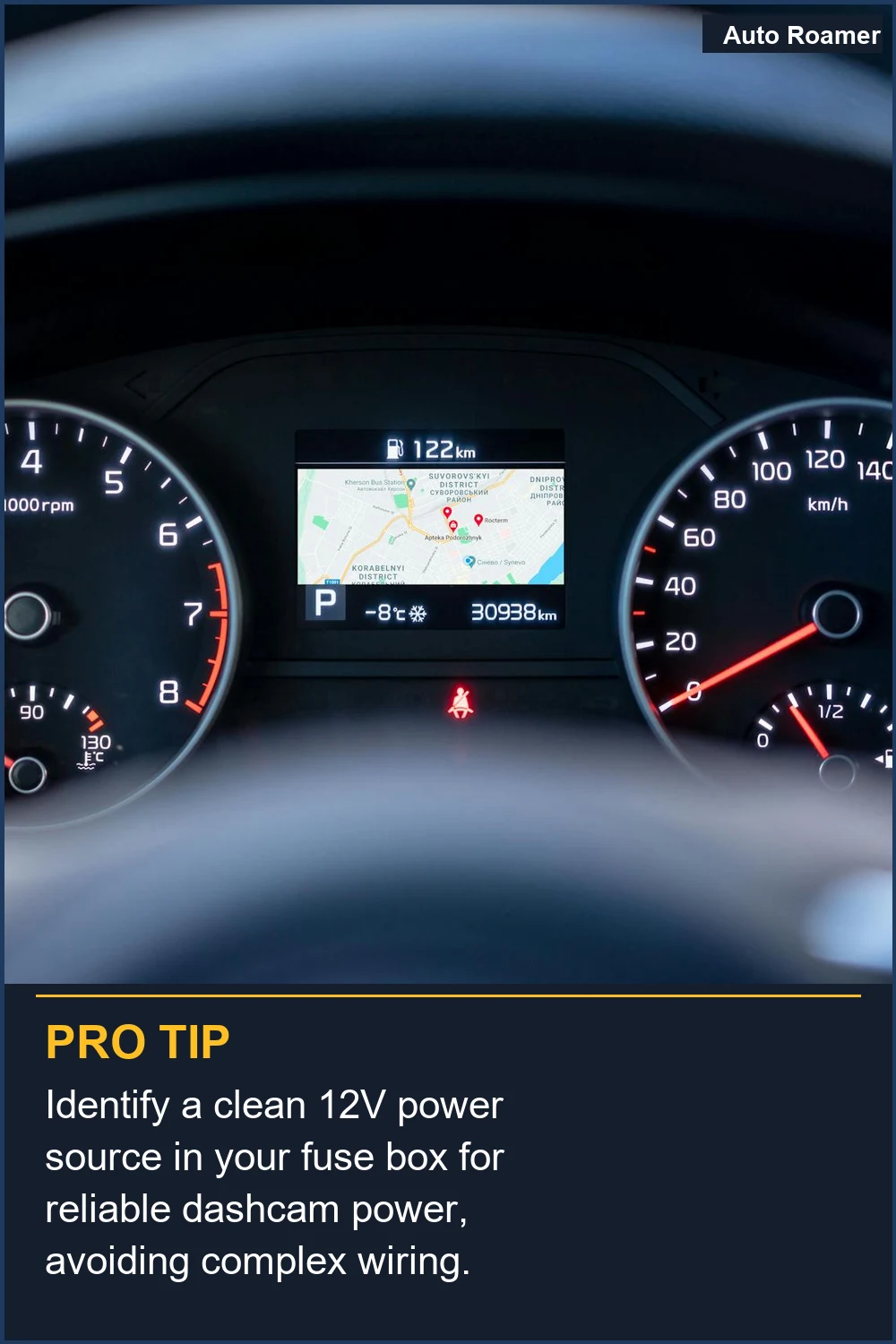 Identify a clean 12V power source in your fuse box for reliable dashcam power, avoiding complex wiring.