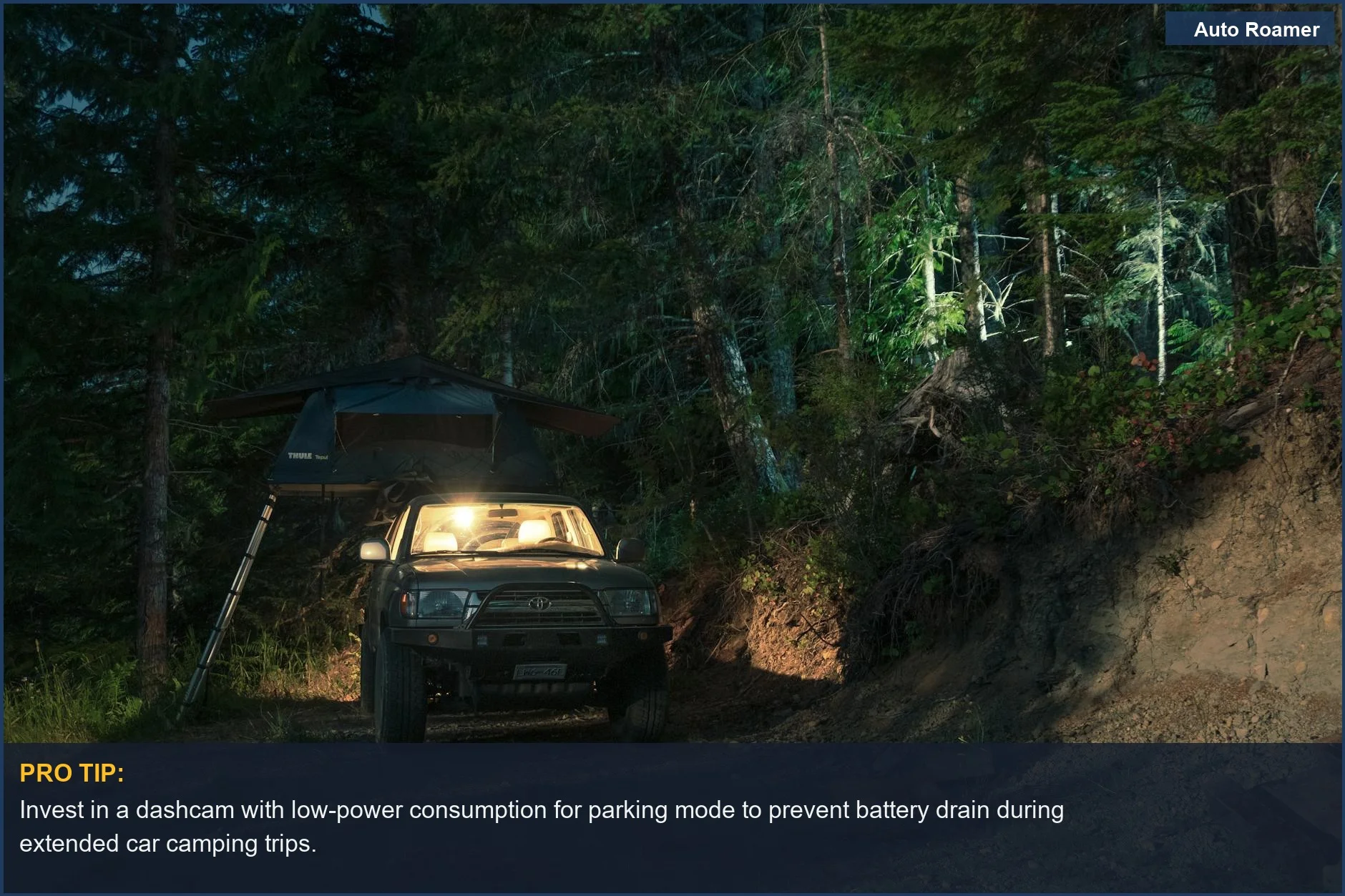 Utilize your dashcam for car camping security with an SUV and rooftop tent at night.