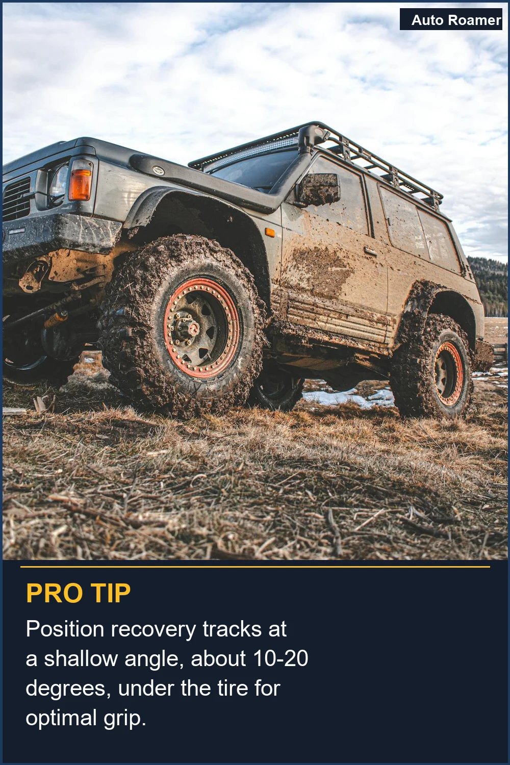 Position recovery tracks at a shallow angle, about 10-20 degrees, under the tire for optimal grip.