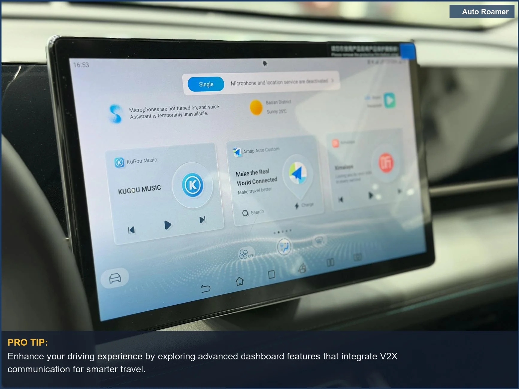 Modern car dashboard displaying V2X communication apps, showcasing the future of intelligent driving technology.