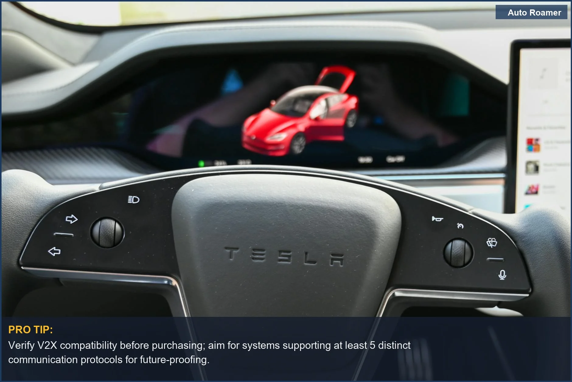 Close-up of a car's steering wheel and digital screen, highlighting V2X compatibility for vehicle to everything 2026.