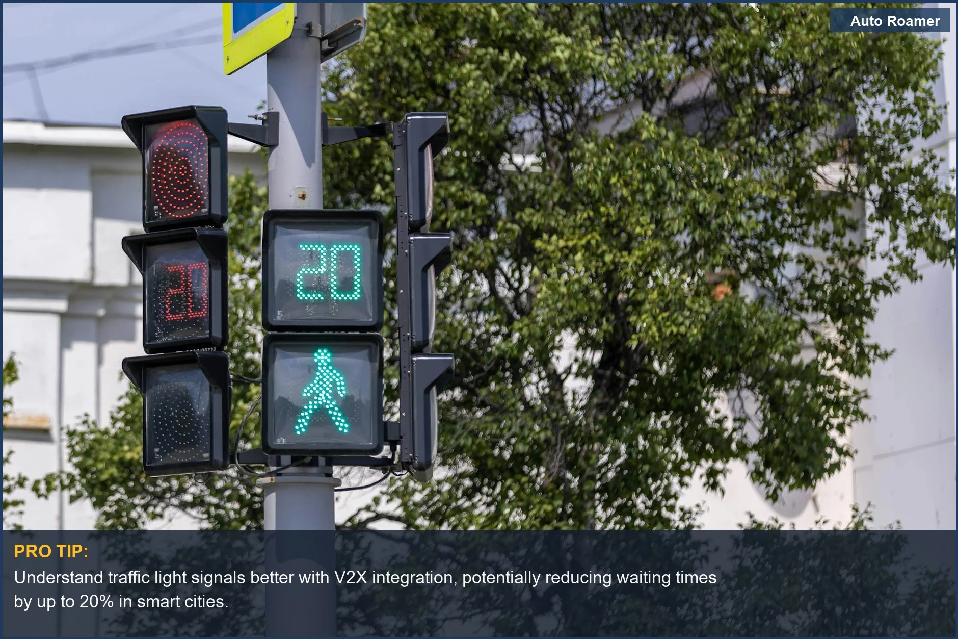 City traffic light with pedestrian countdown timer, illustrating how cars talk to traffic lights via V2X.