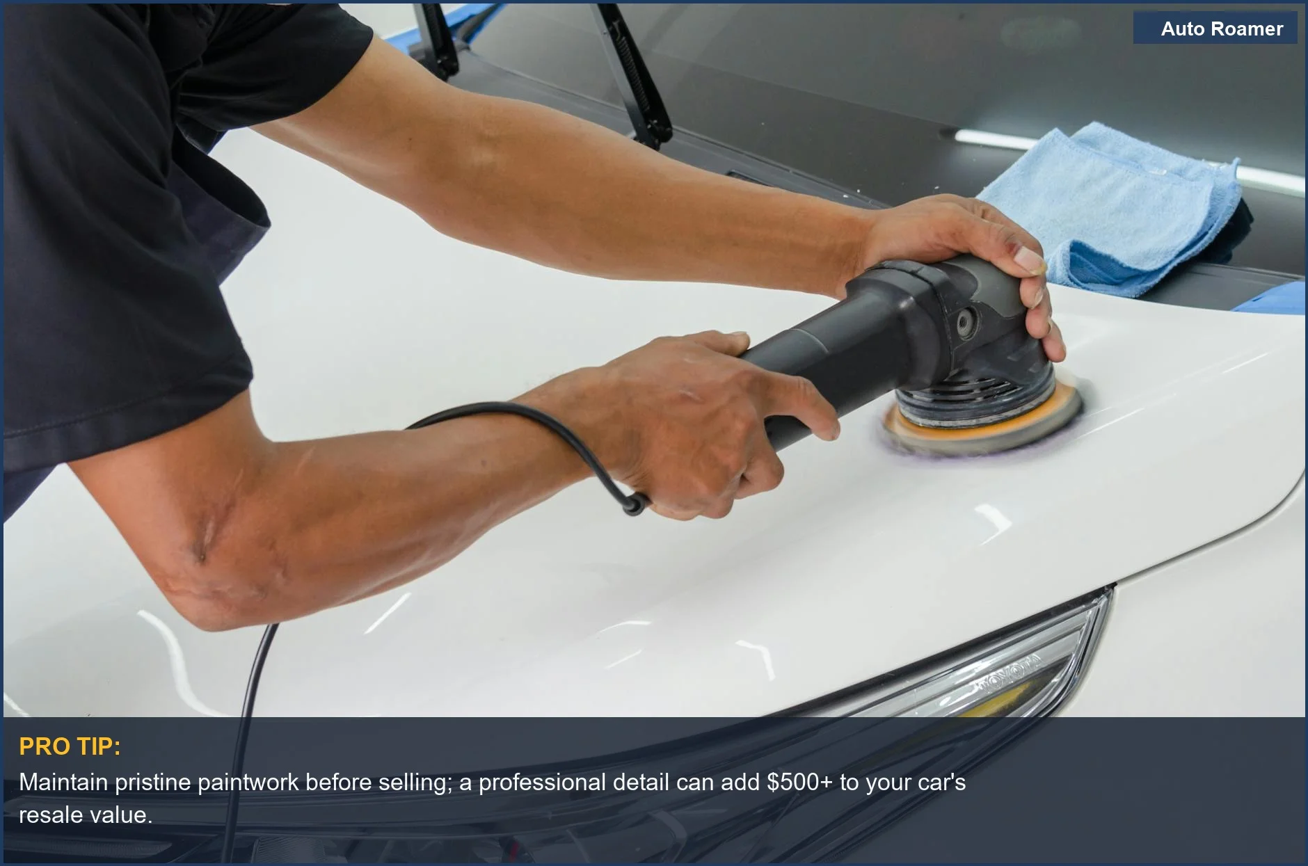 Mechanic detailing car bonnet with rotary polisher, preserving vehicle modifications for car camping and resale value.