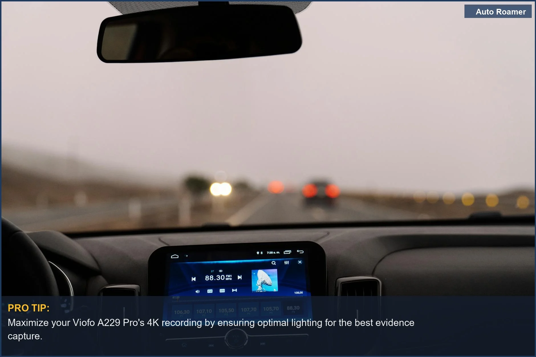 Viofo A229 Pro dash cam captures clear interior car view on an open road, highlighting advanced video quality.