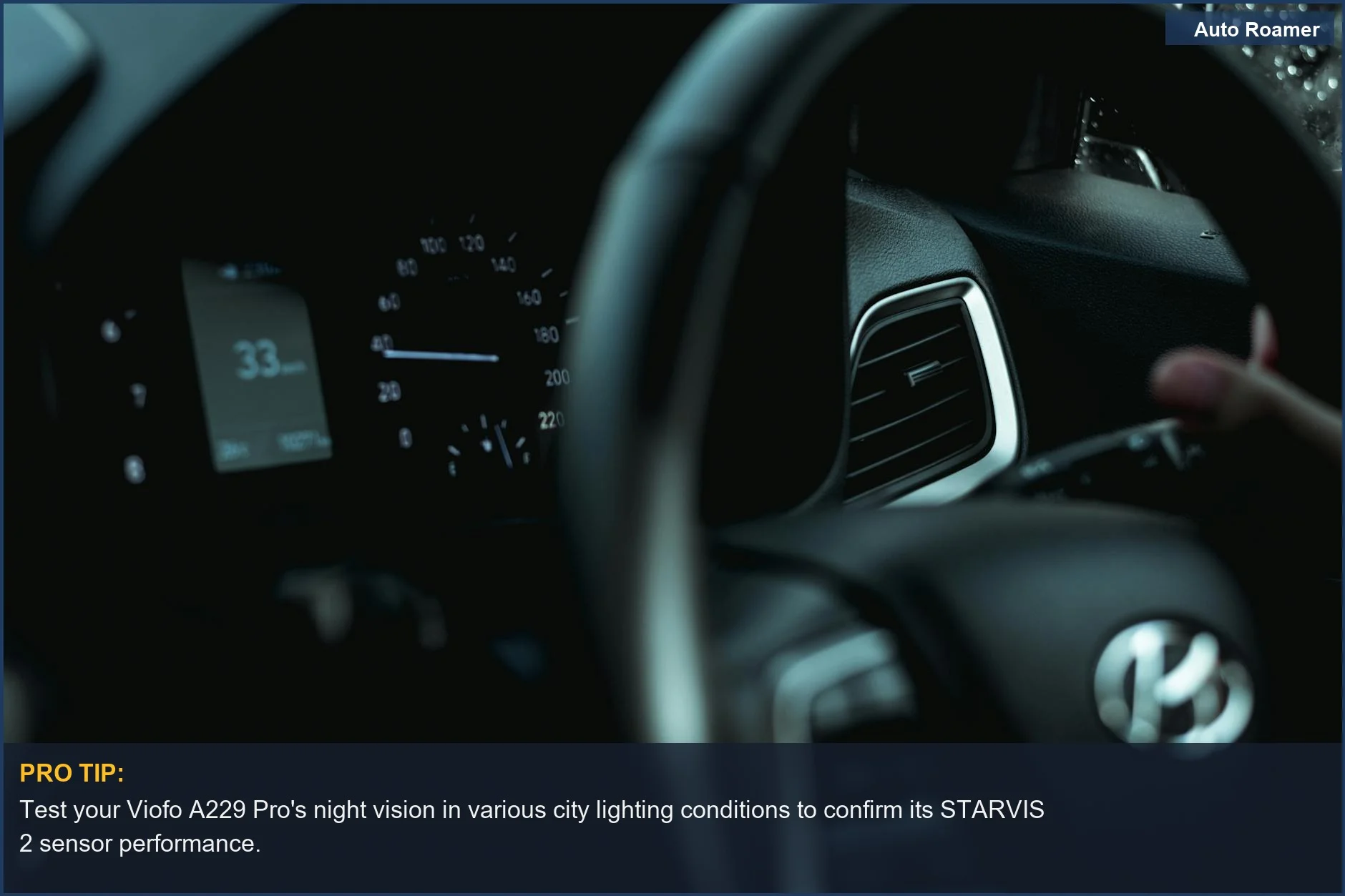Close-up of a car steering wheel and dashboard, emphasizing the Viofo A229 Pro's discreet installation and advanced sensors.