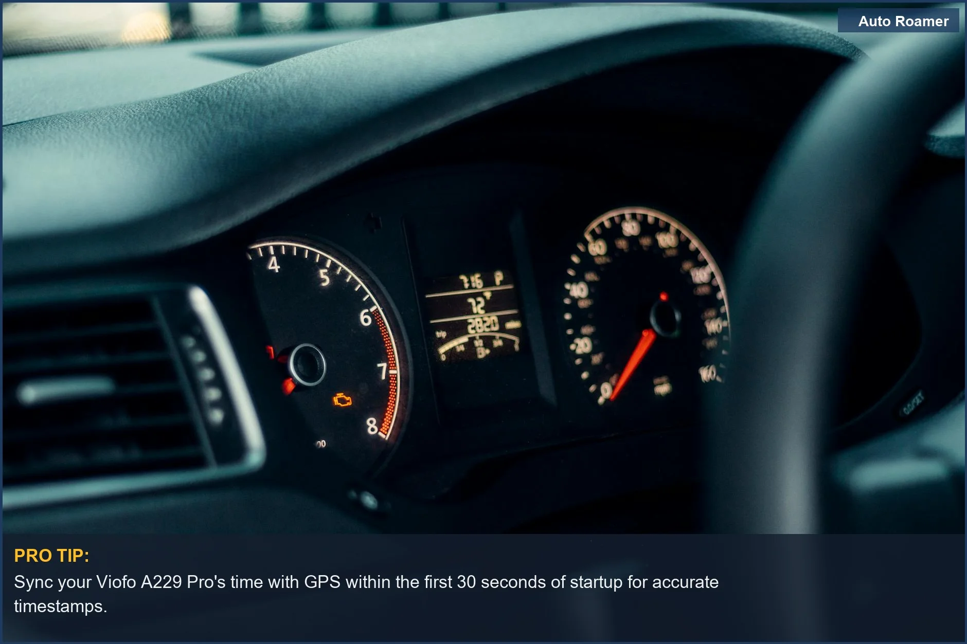 Detailed close-up of a modern car dashboard with illuminated gauges, showing the Viofo A229 Pro's sleek integration.