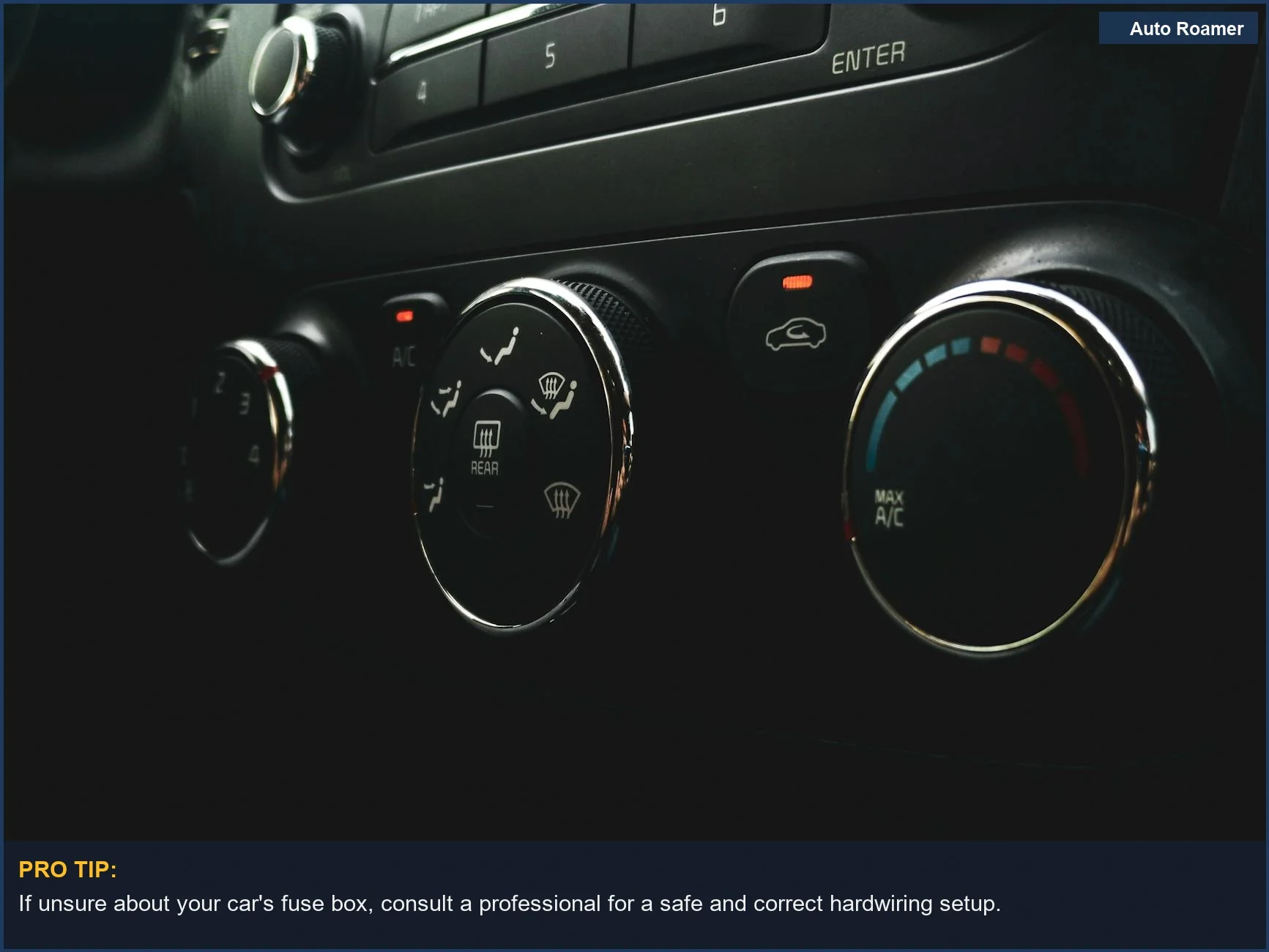 Close-up of intricate car dashboard controls and buttons, highlighting the complexity of a professional dash cam install.