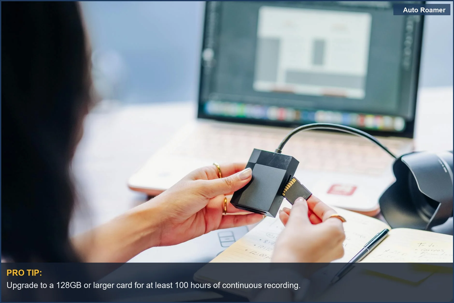 Hands connecting a microSD card to a reader for Viofo dash cam storage on a laptop.