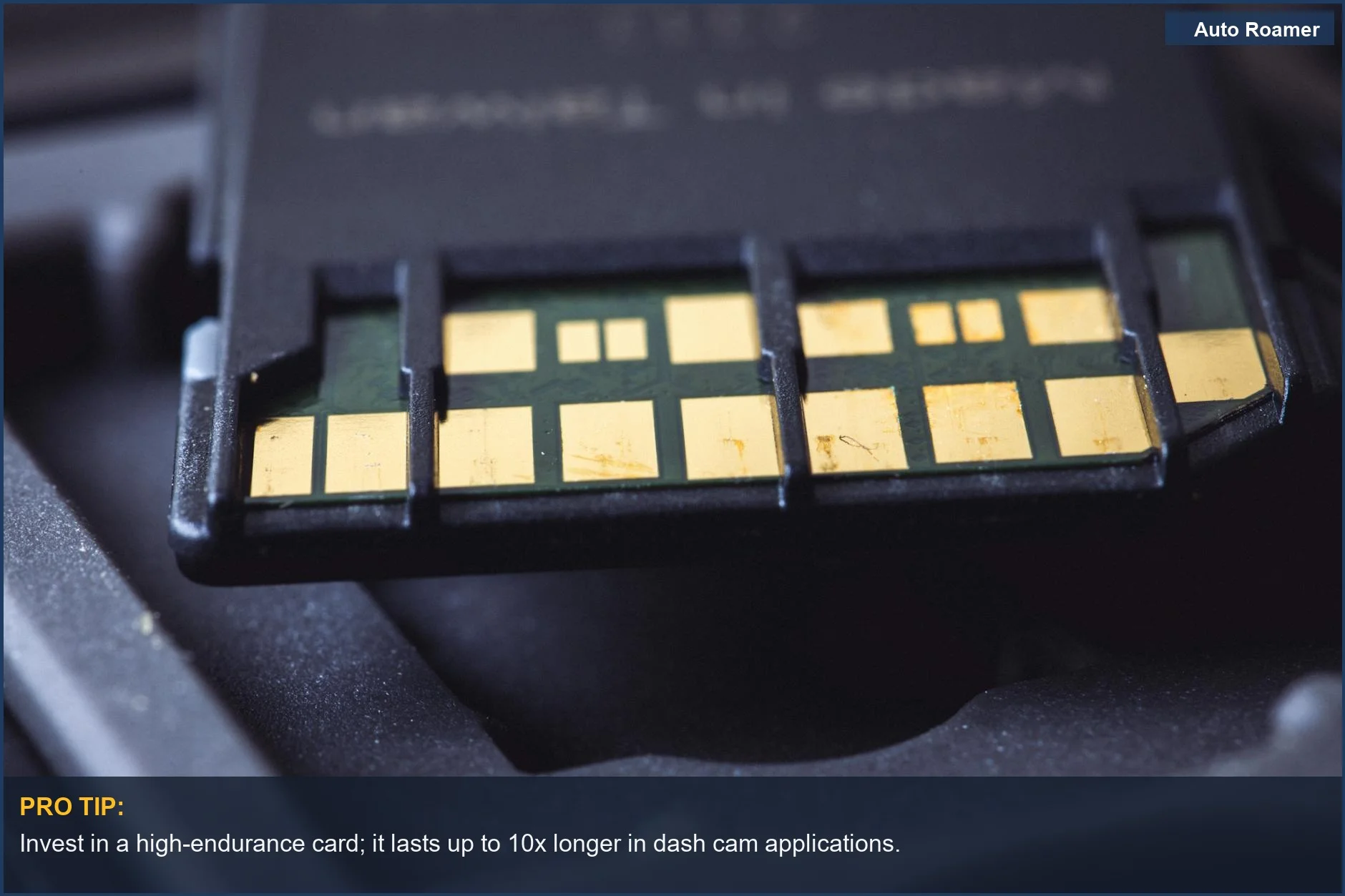 Close-up macro shot of SD card connector pins for reliable dash cam storage.